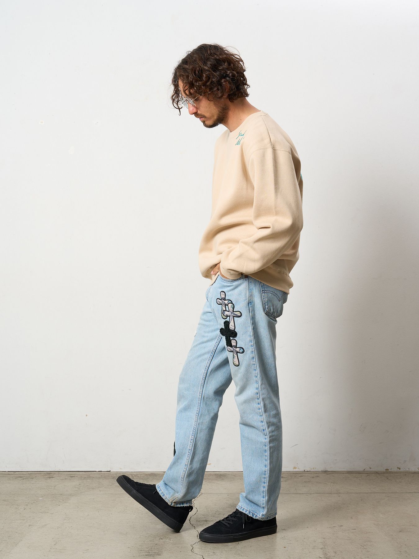 【予約品 5月8日(木) AM10時 締切】 TC裏毛起毛 スターグラムハート発泡プリント ロゴ刺繍 スウェットシャツ / ベージュ