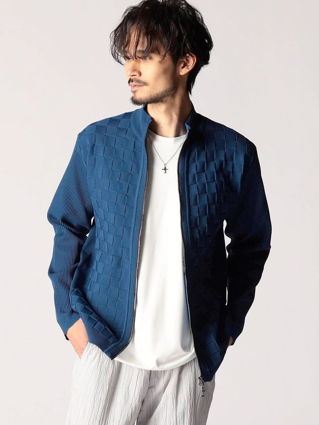 ブロックチェックニットブルゾン / ブルー 【NICOLE CLUB FOR MEN】