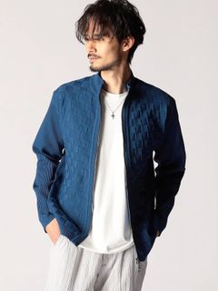 ブロックチェックニットブルゾン / ブルー 【NICOLE CLUB FOR MEN】