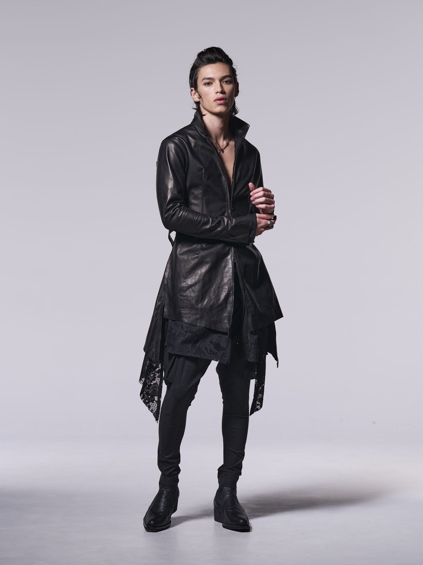 《予約品》 StandCollarLeatherFlareShirt / レザーフレアシャツ / ブラック