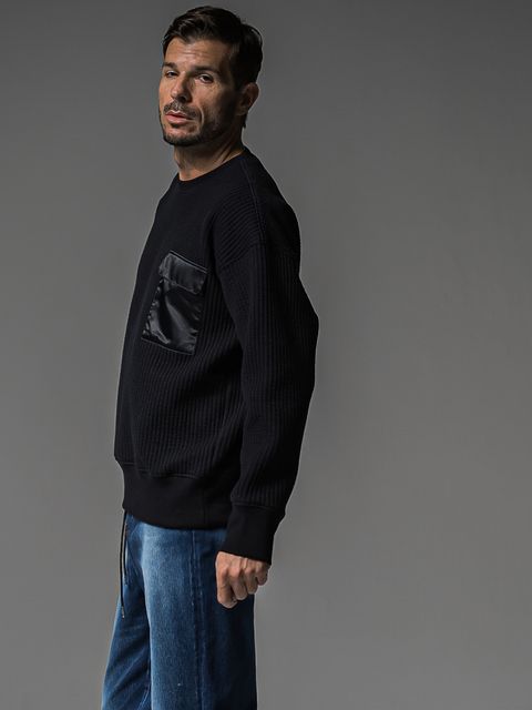 STRIPE QUILTING DROP TRAINER / ストライプキルティング ルーズトレーナー / ブラック