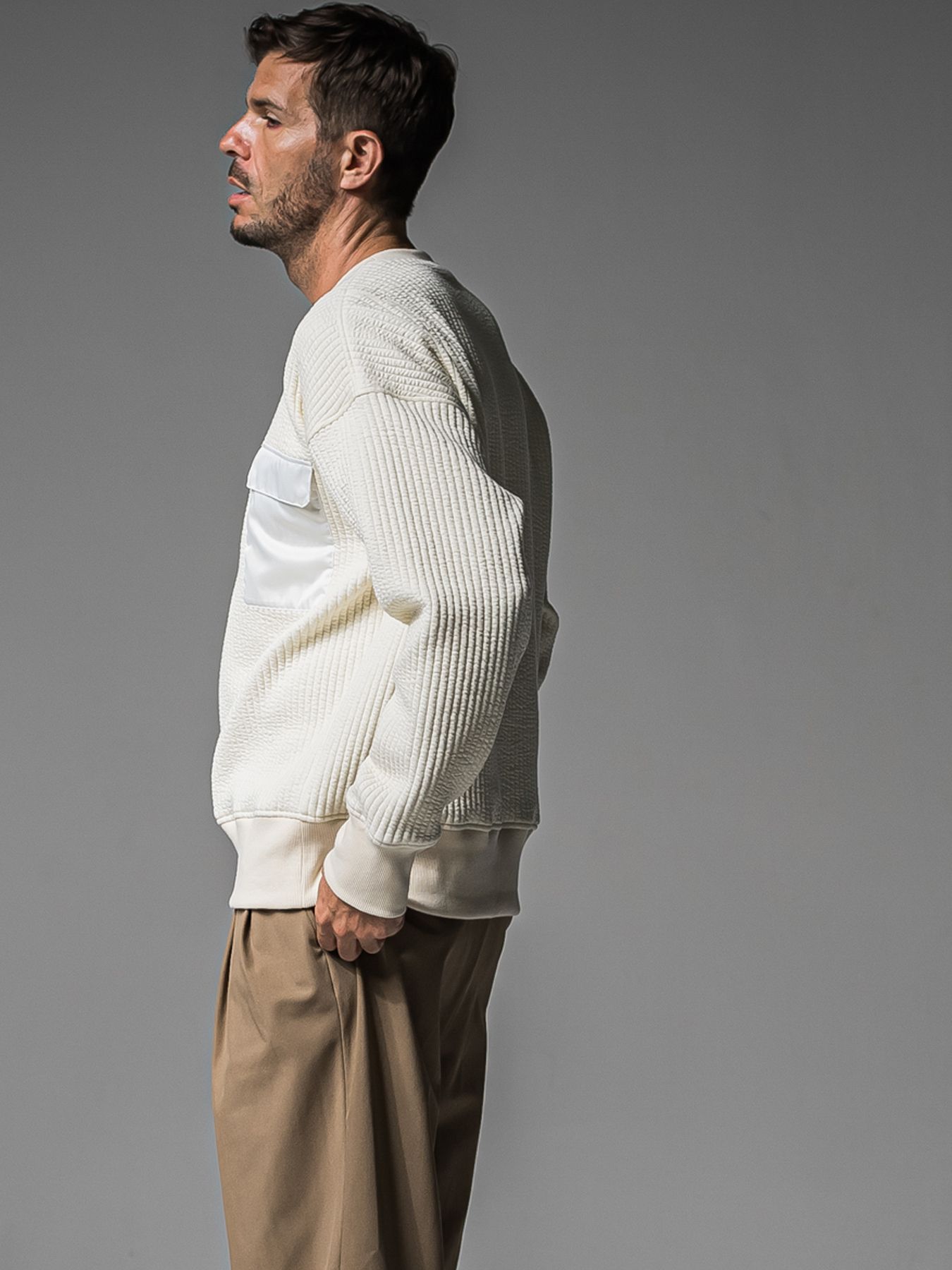 【予約品 】STRIPE QUILTING DROP TRAINER / ストライプキルティング ルーズトレーナー / オフ
