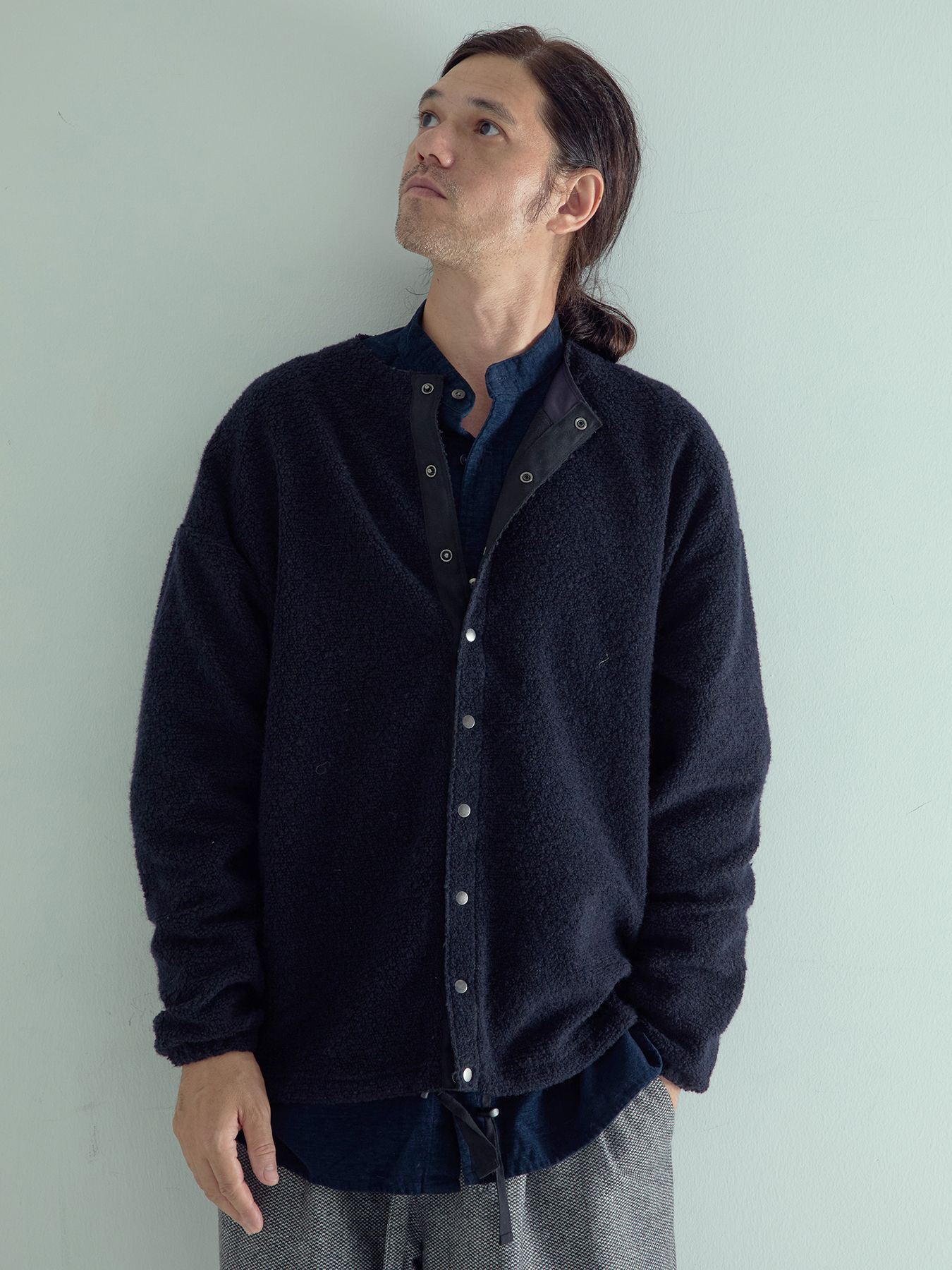 【予約品 】WOOLSNAP / ウールパイル カーディガン / ネイビー