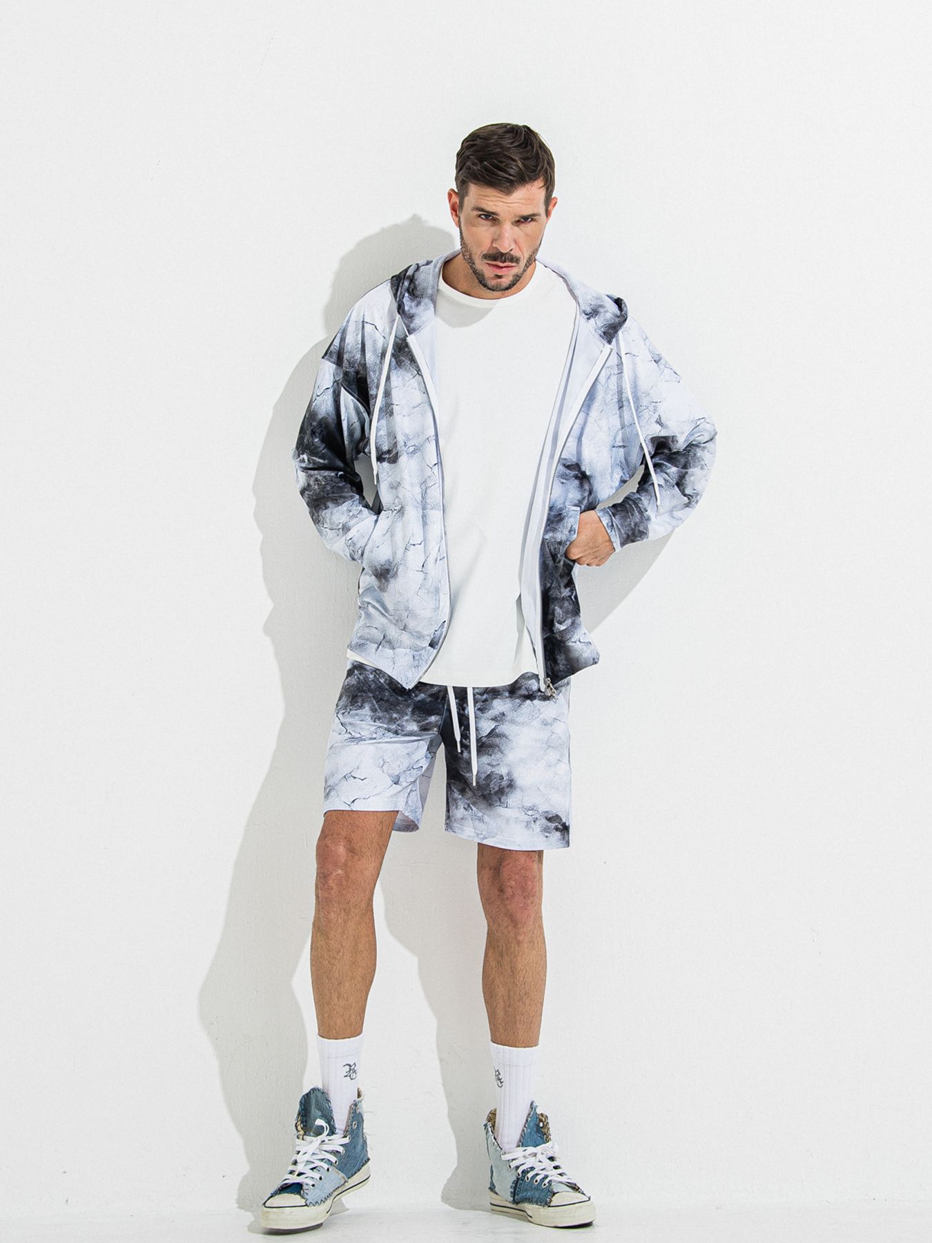 【予約品】RASH OVER ZIPUP HOODIE / ラッシュガード オーバーサイズジップアップパーカー / マーブルホワイト