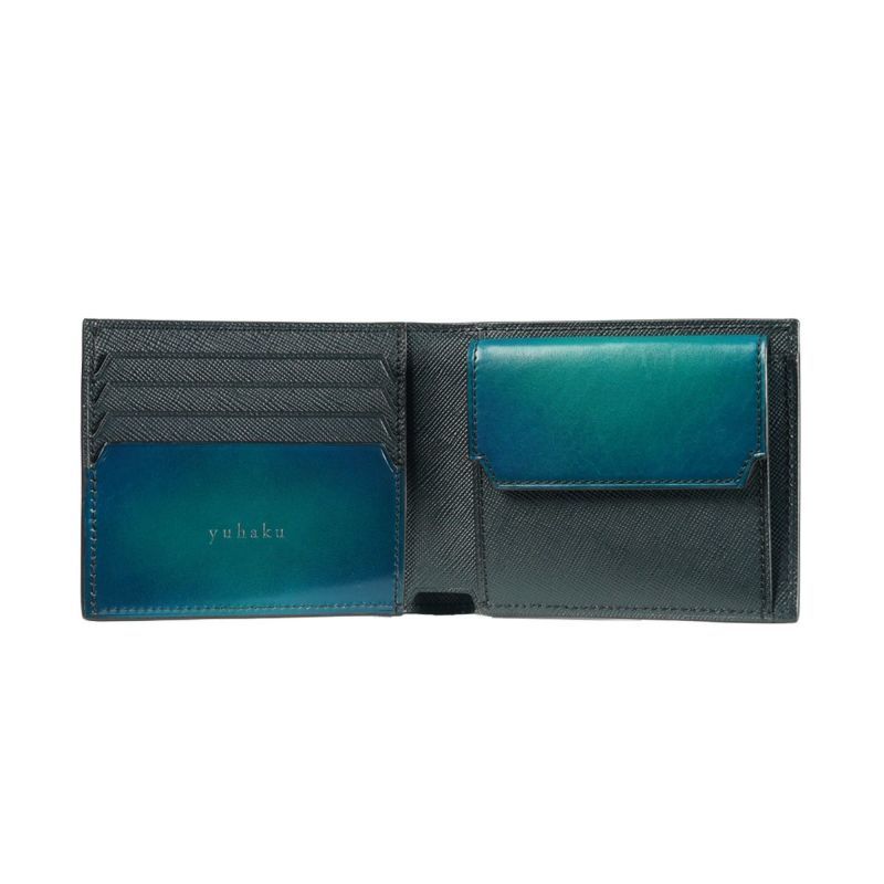 二つ折り財布 イタリア産ベビーカーフ × 国産牛革TurquoiseBlue  YVP132【 yuhaku】