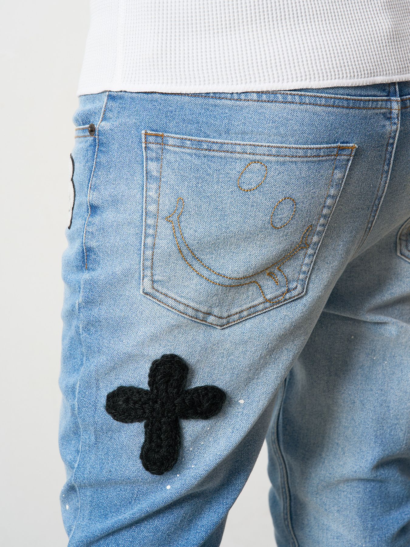 【予約品 】 11ozストレッチデニム マルチパッチワーク& ペインティング 5Pパンツ / ブラック
