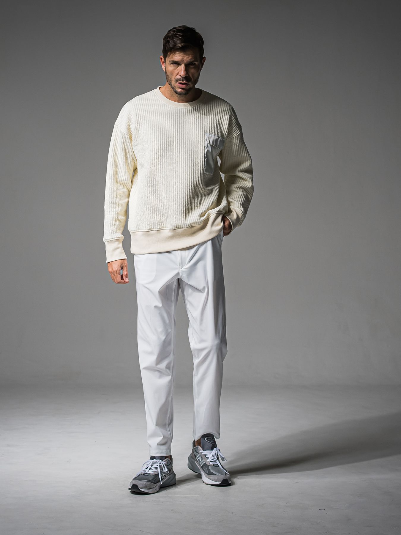 【予約品 】STRIPE QUILTING DROP TRAINER / ストライプキルティング ルーズトレーナー / オフ