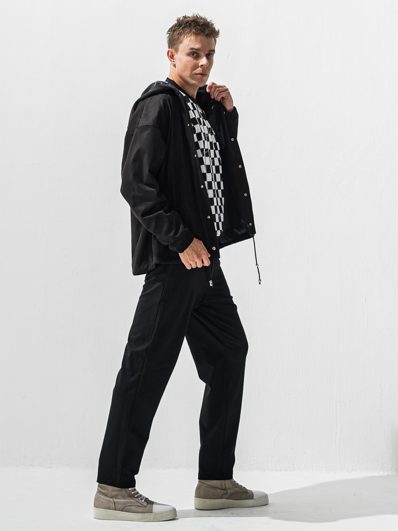 【予約品 9月6日(日) 締切】CHECKER BACK FLEECE TRAINER / 裏起毛 ルーズトレーナー / ホワイト×ブラック