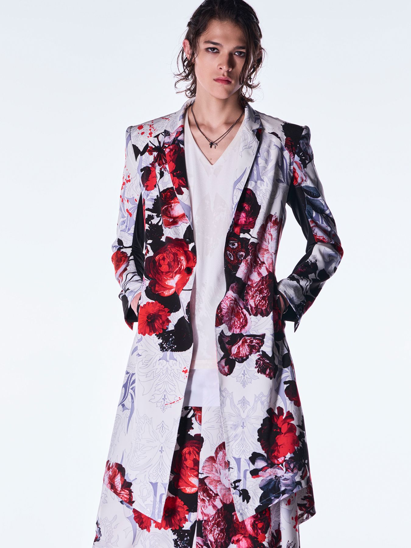 【予約品 6月29日(月) 締切】Goth Flora Suede Satin Flare Jacket / フレアジャケット / ホワイト