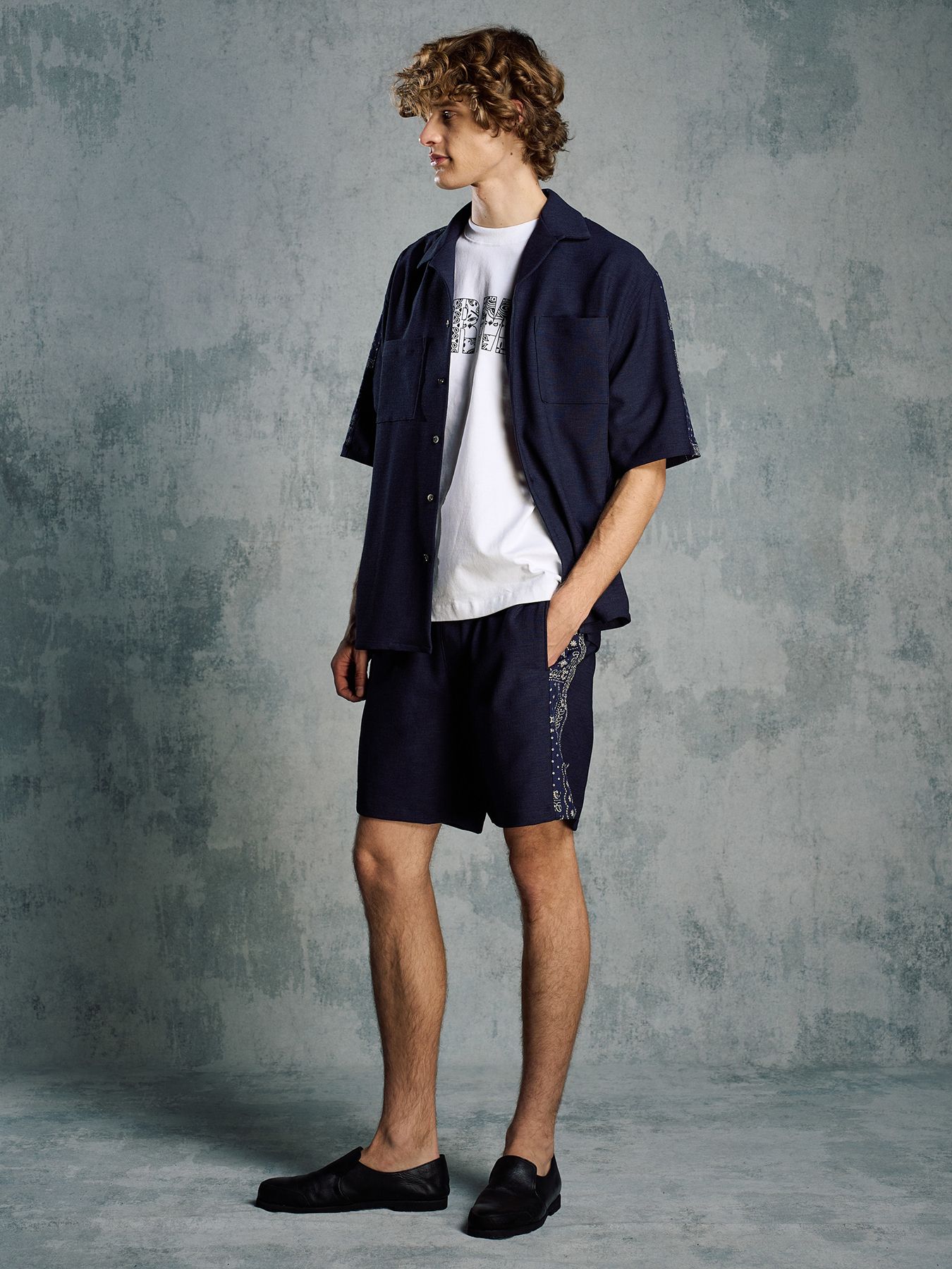 【予約品 1月25日(日) 締切】bandana print panel open shirt / バンダナプリントパネル オープンカラーシャツ / ネイビー