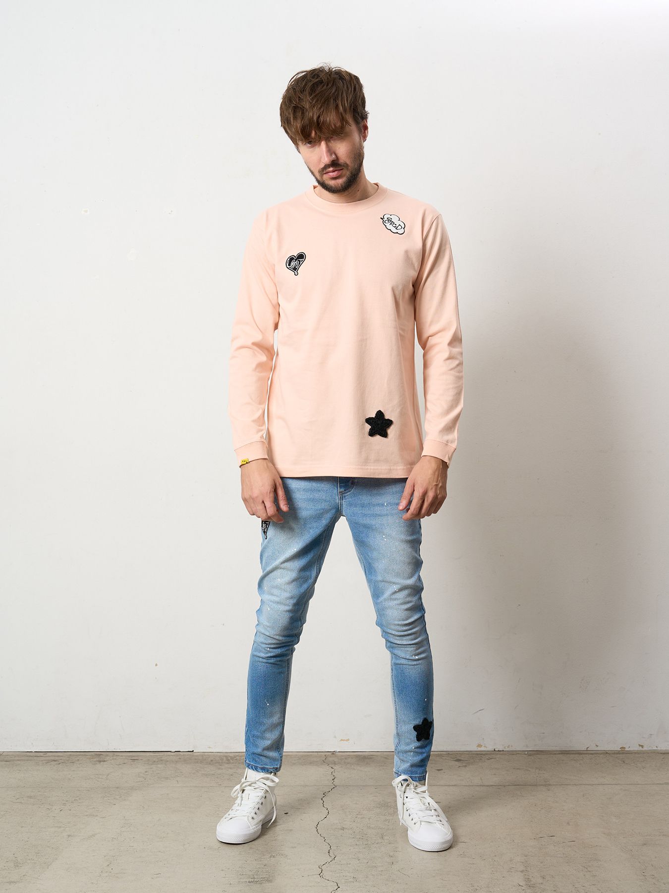 【予約品 5月8日(木) AM10時 締切】 5.6ozコットン天竺 CREATE YOUR OWN LUCK&マルチパッチワーク LS Tシャツ / ペールピンク