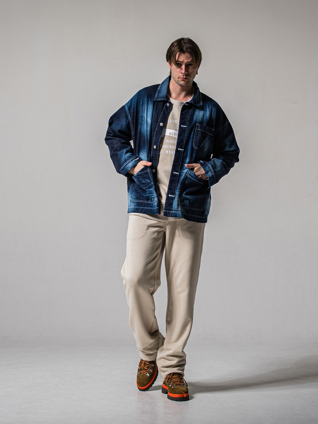 【予約品 11月16日(日) 締切】HF URAKE COLLEGE DROP TRAINER / 裏毛 カレッジロゴルーズ トレーナー / グレージュ