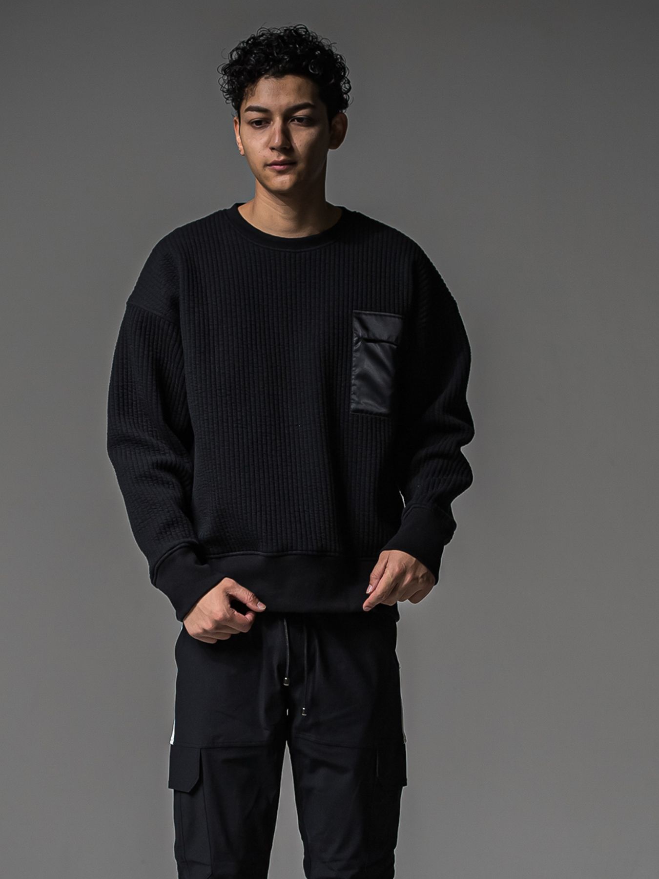 【予約品 】STRIPE QUILTING DROP TRAINER / ストライプキルティング ルーズトレーナー / ブラック