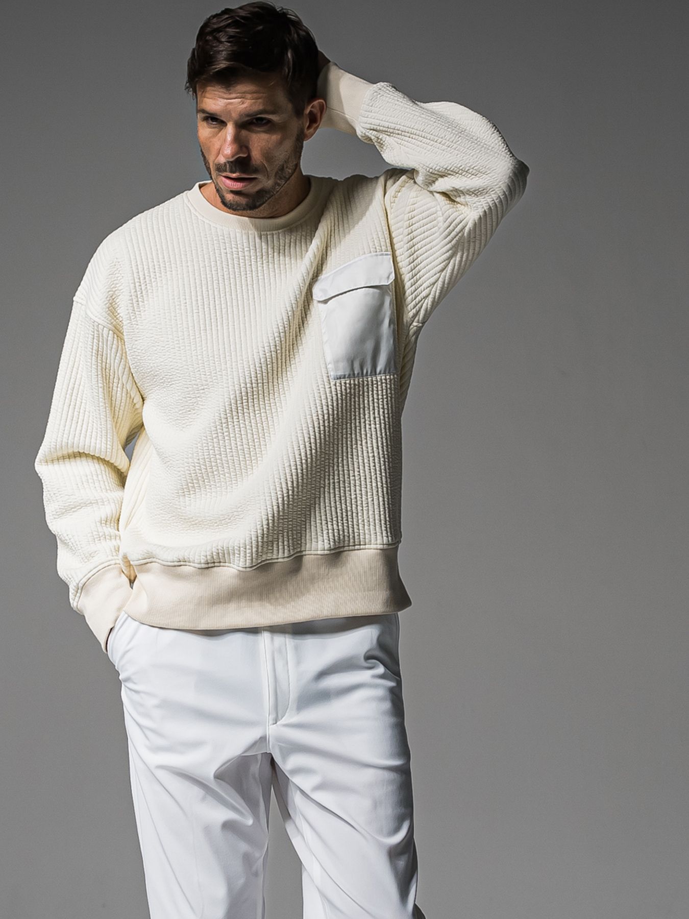 【予約品 】STRIPE QUILTING DROP TRAINER / ストライプキルティング ルーズトレーナー / オフ