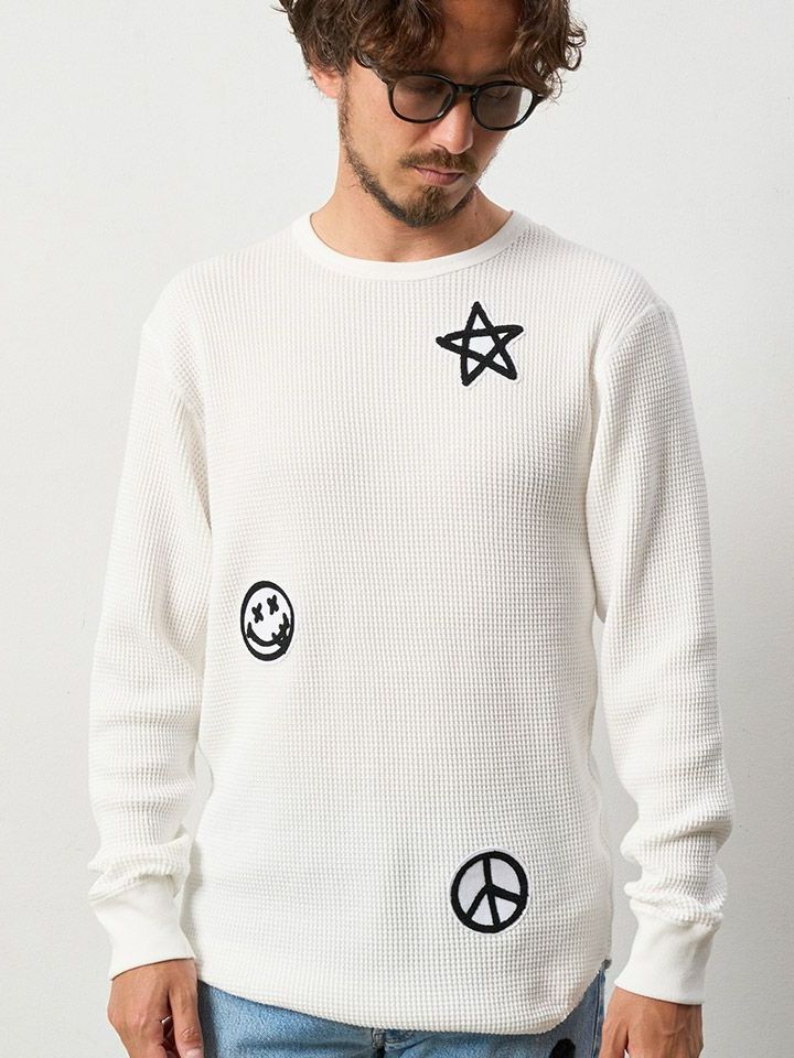 ヘビーウエイトコットンワッフル マルチサガラパッチラウンドヘムLS Tシャツ / ホワイト 【STUD MUFFIN(スタッドマフィン)】