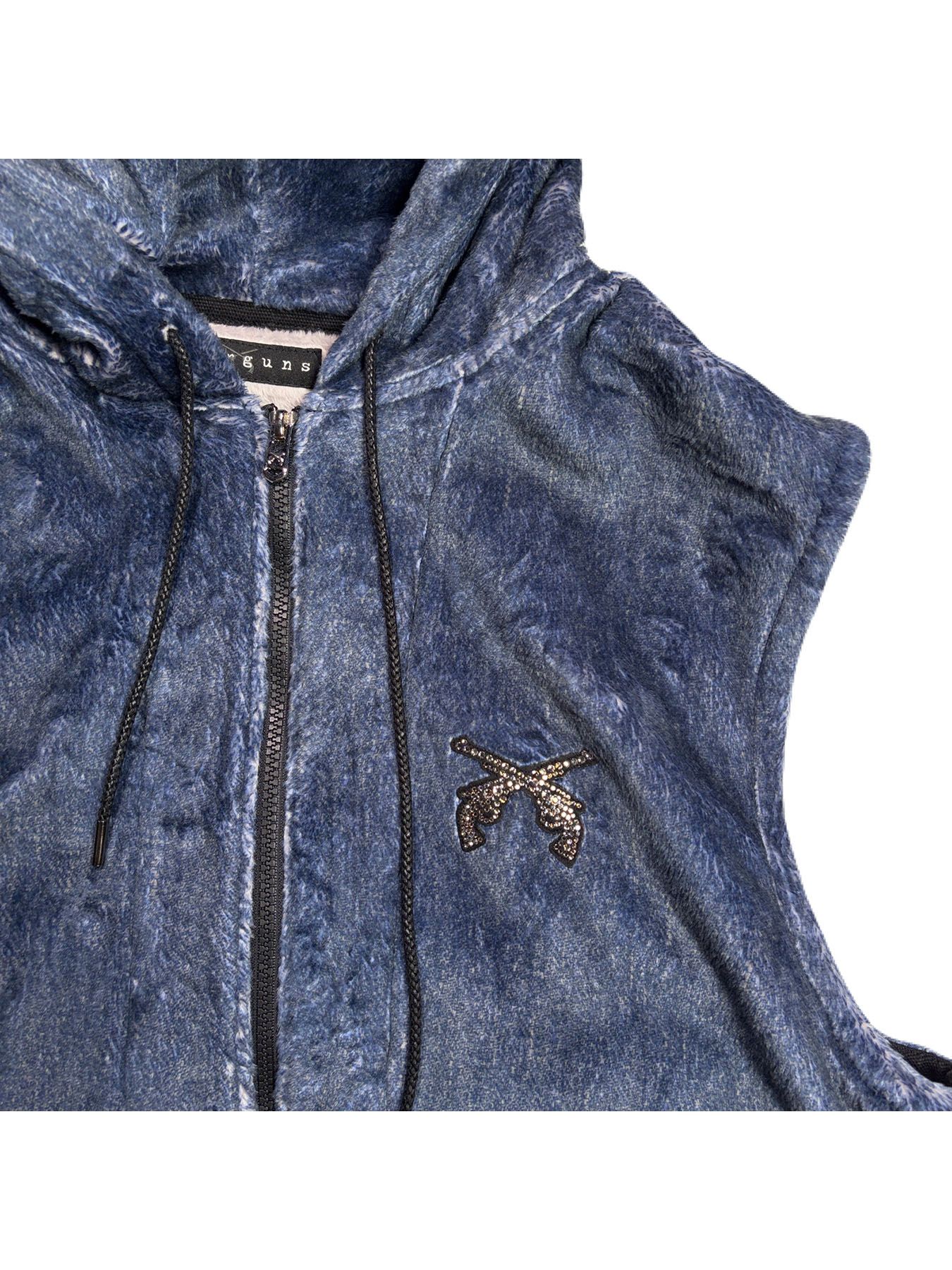 【予約品 3月9日(月) 18:00 締切】FLEECE DENIM VEST A / クリスタルクロスガン デニムプリント フリース ベスト / ブルー