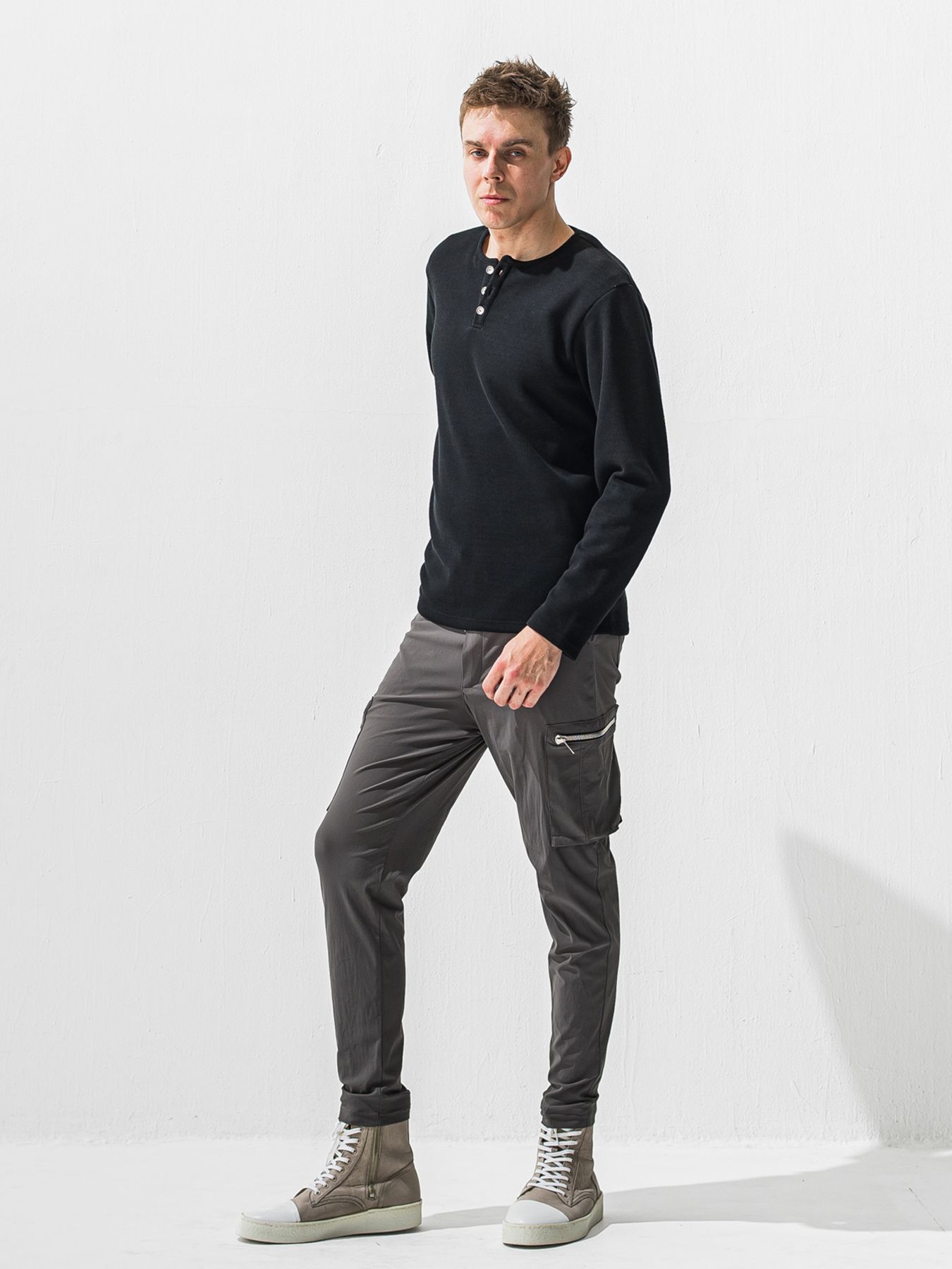 【予約品 9月6日(日) 締切】VELOURS FLEECE THERMAL HENRY / 裏起毛 ハニカムサーマル ヘンリーネック / ブラック