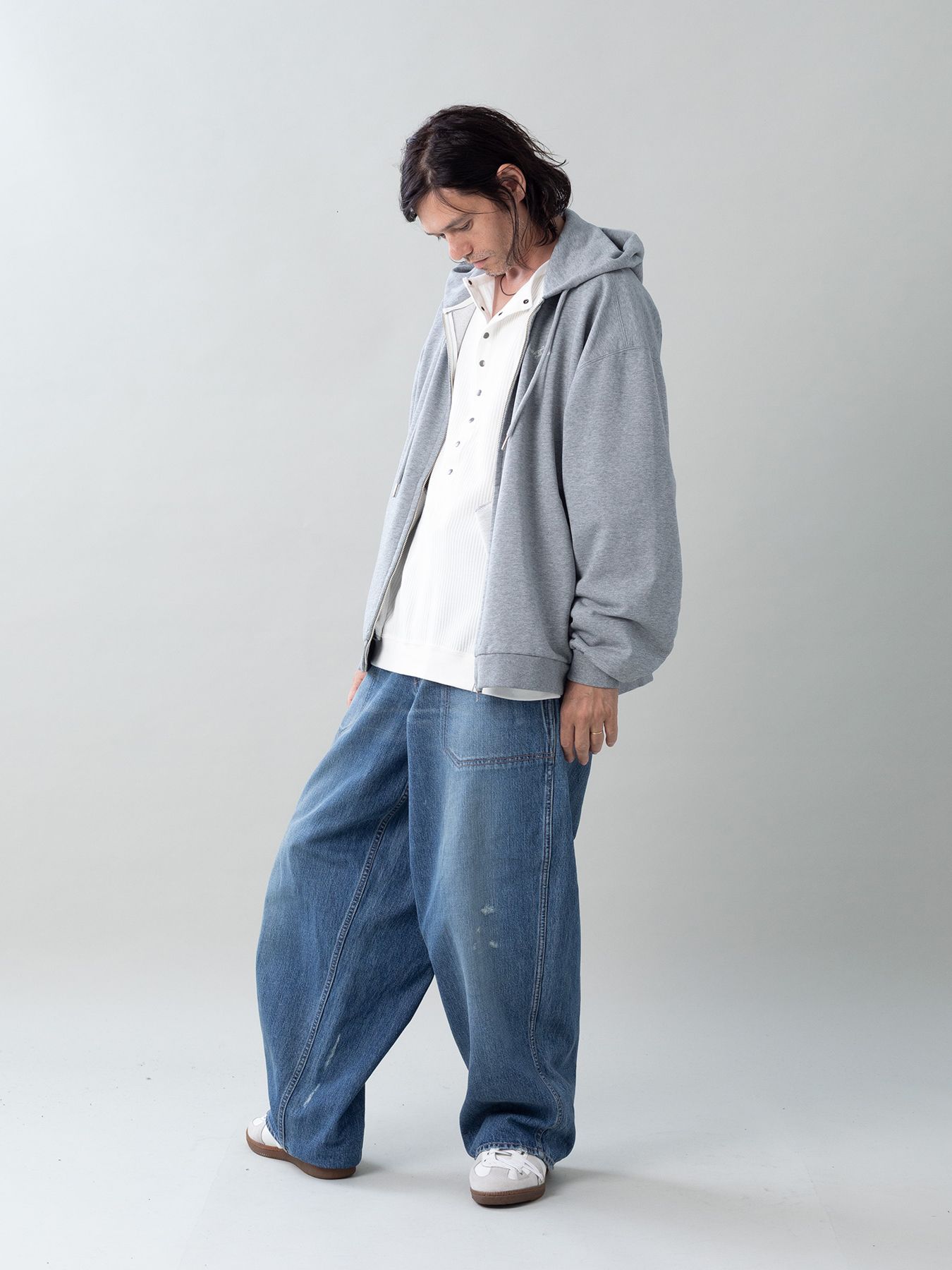 【予約品 5月6日(水) 締切】USN-DENIMTROUSERS damage / ダメージ加工 デニムミリタリーパンツ / インディゴ × 金茶ステッチ 淡
