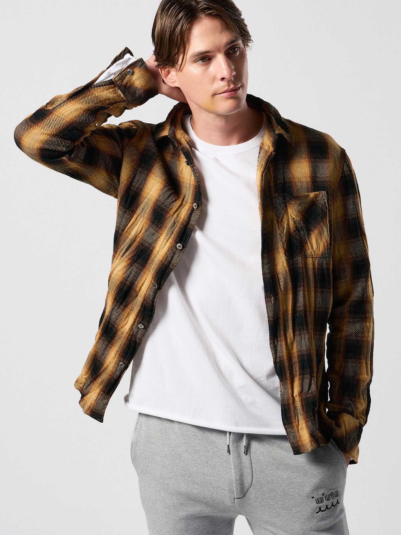 【予約品】muta × wjk collection：twist wrinkle check shirt / シワ加工チェックシャツ / イエローチェック