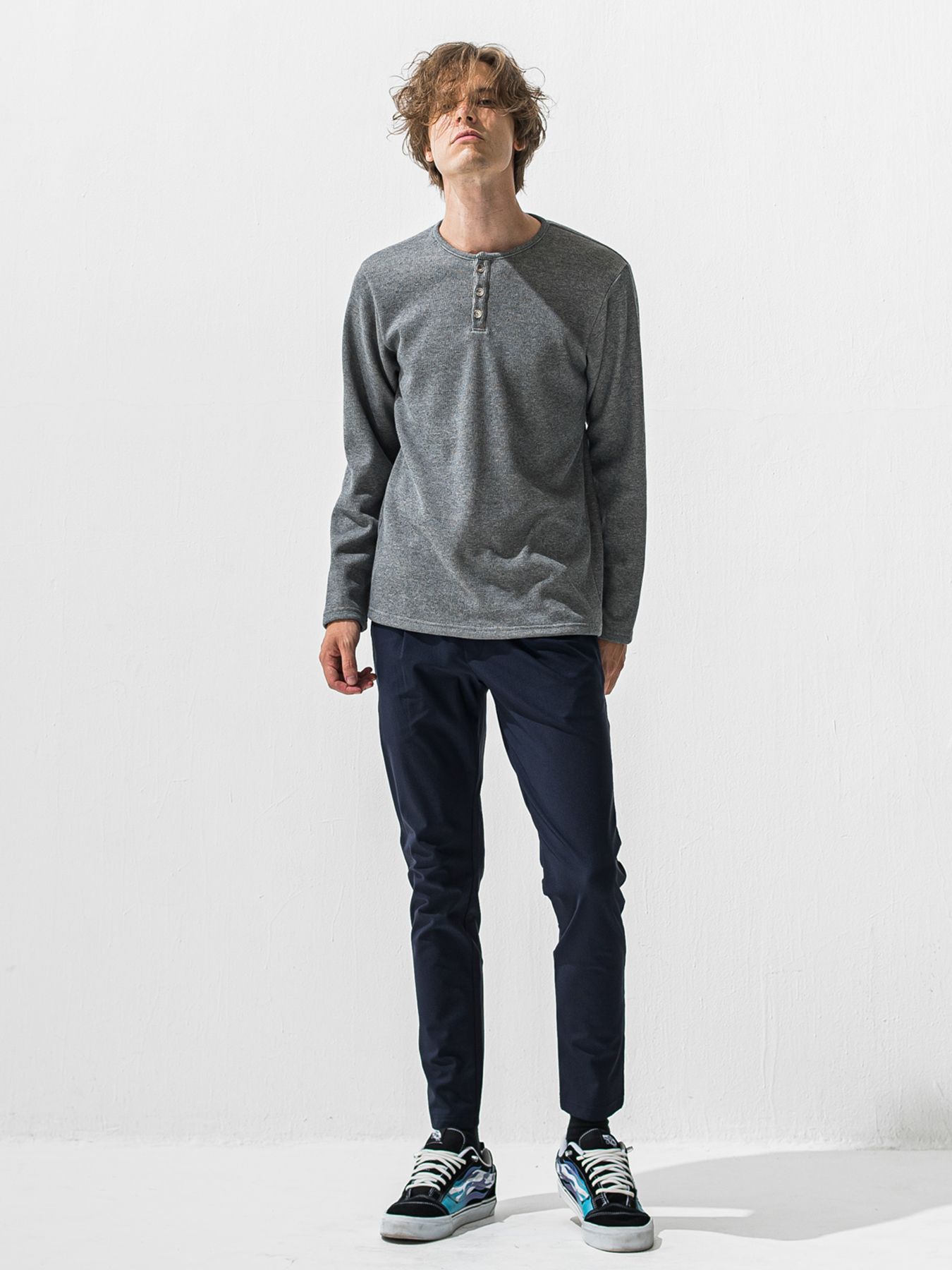 【予約品 9月6日(日) 締切】VELOURS FLEECE THERMAL HENRY / 裏起毛ハニカムサーマルヘンリーネック / グレー