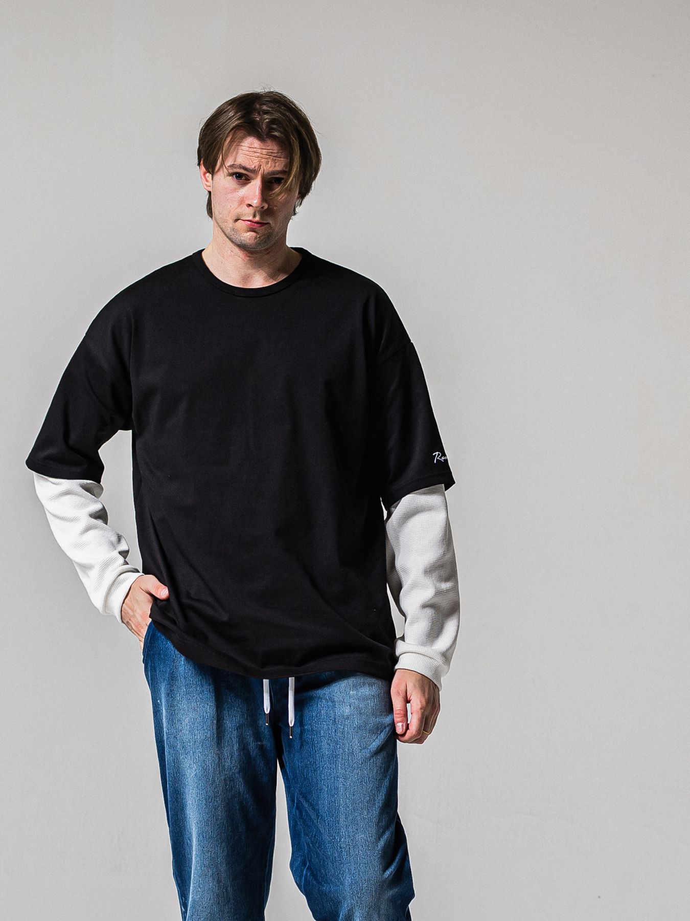 【予約品 11月16日(日) 締切】FAKE LAYERED WAFFLE LONGSLEEVE / フェイクレイヤード ワッフル ロングスリーブTシャツ / ブラック×ホワイト