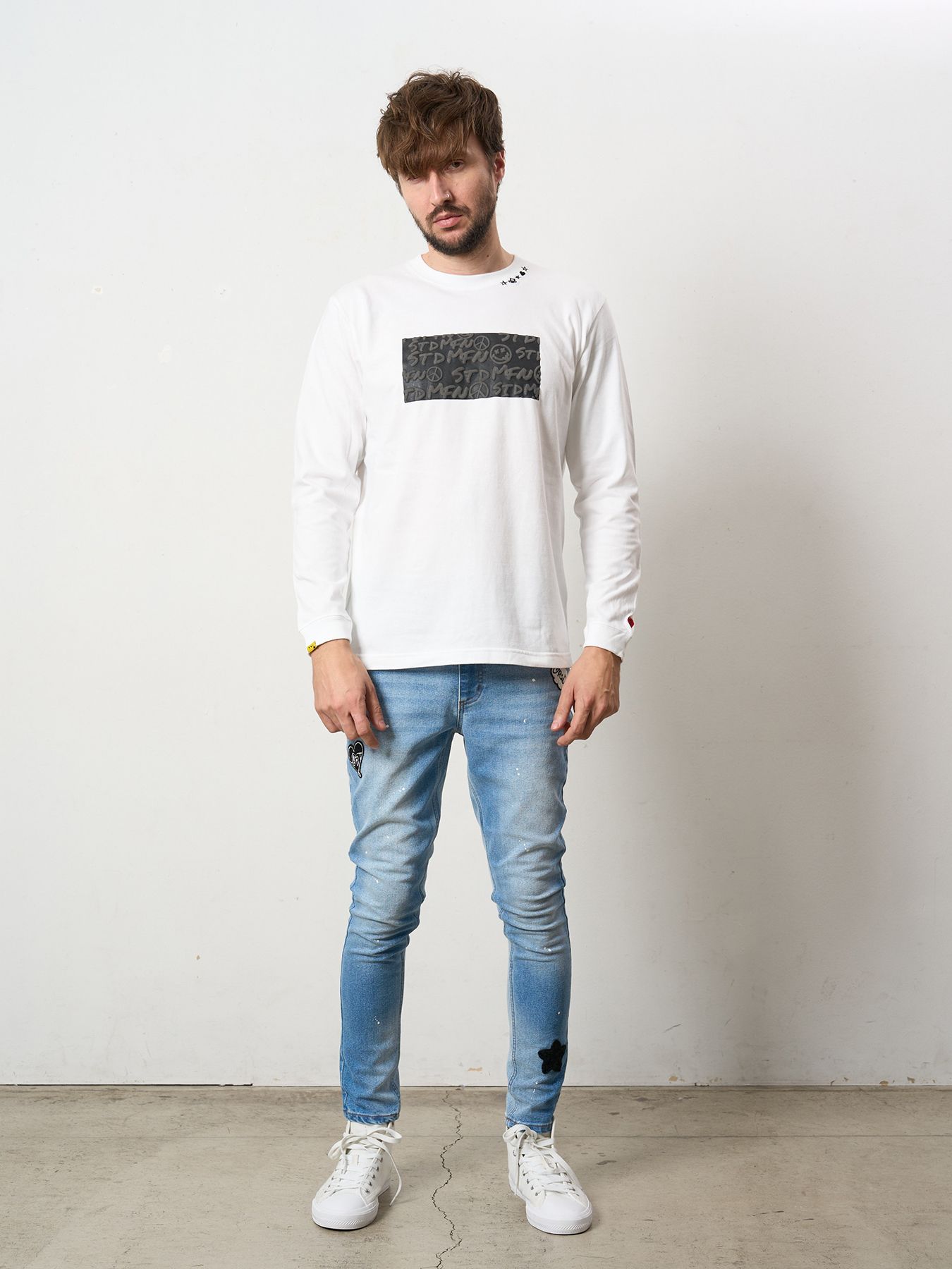 【予約品 5月8日(木) AM10時 締切】 5.6ozコットン天竺 ボックスロゴ発泡プリントLS Tシャツ / ホワイト