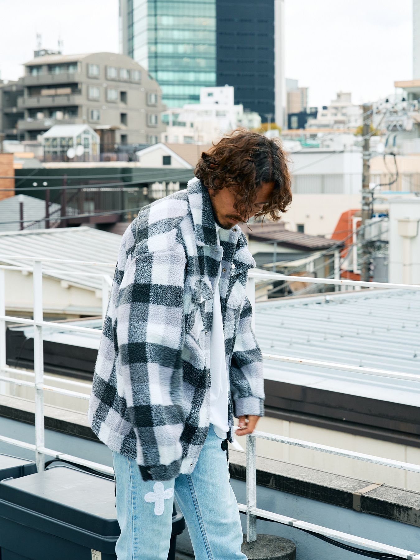 【予約品 】 ブロックチェックムックボア サガラパッチワークブルゾン / M.グレー