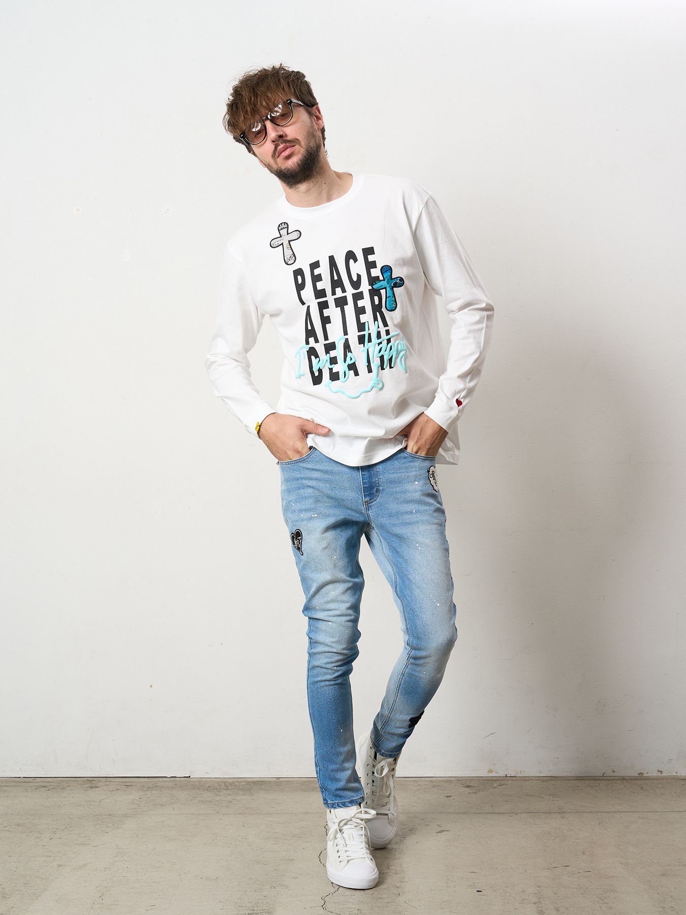 【予約品 5月8日(木) AM10時 締切】 5.6ozコットン天竺 PEACE AFTER DEATH&クロスパッチワーク LS Tシャツ / ホワイト