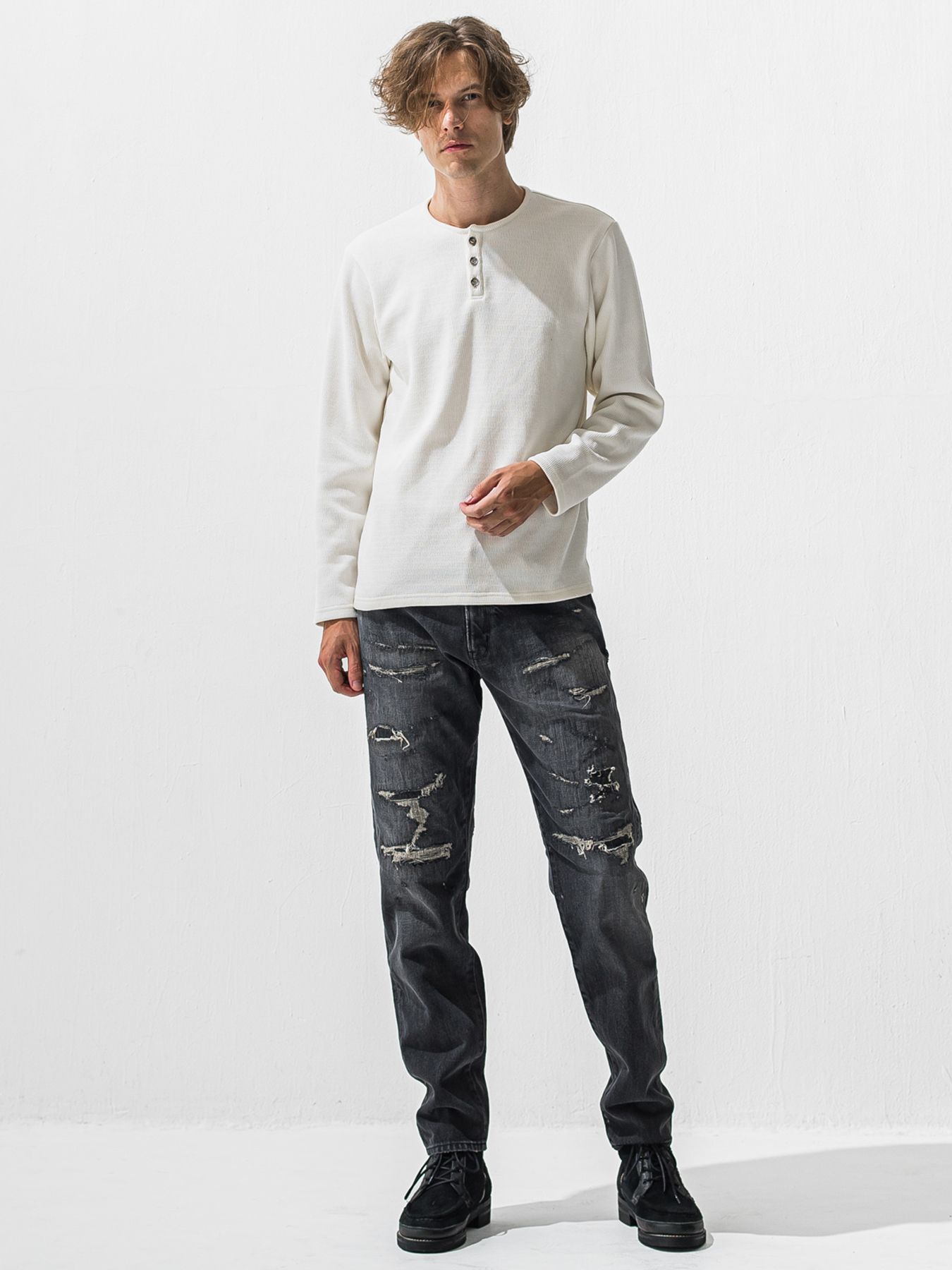 【予約品 9月6日(日) 締切】VELOURS FLEECE THERMAL HENRY / 裏起毛 ハニカムサーマル ヘンリーネック / ホワイト