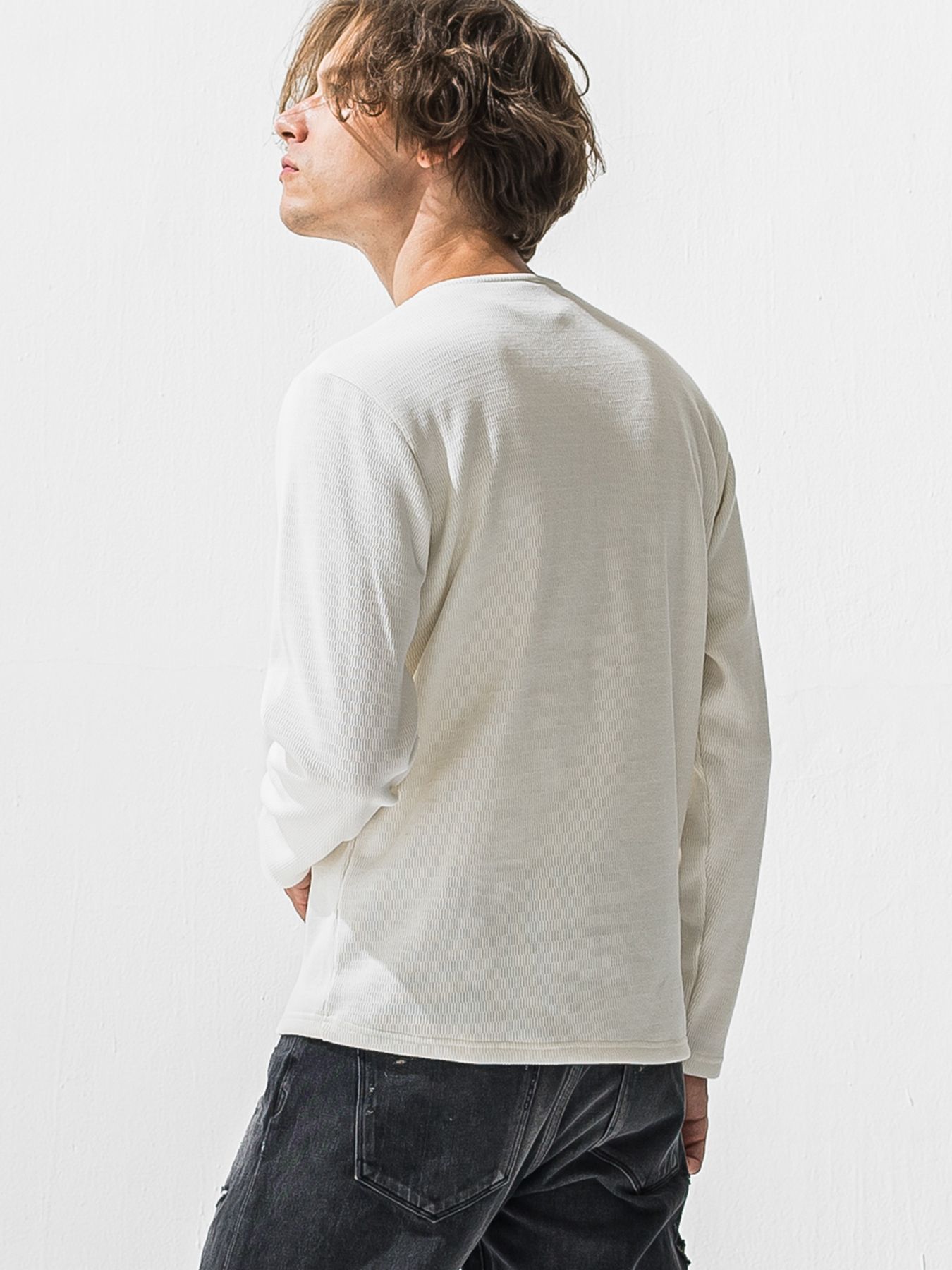 【予約品 9月6日(日) 締切】VELOURS FLEECE THERMAL HENRY / 裏起毛 ハニカムサーマル ヘンリーネック / ホワイト