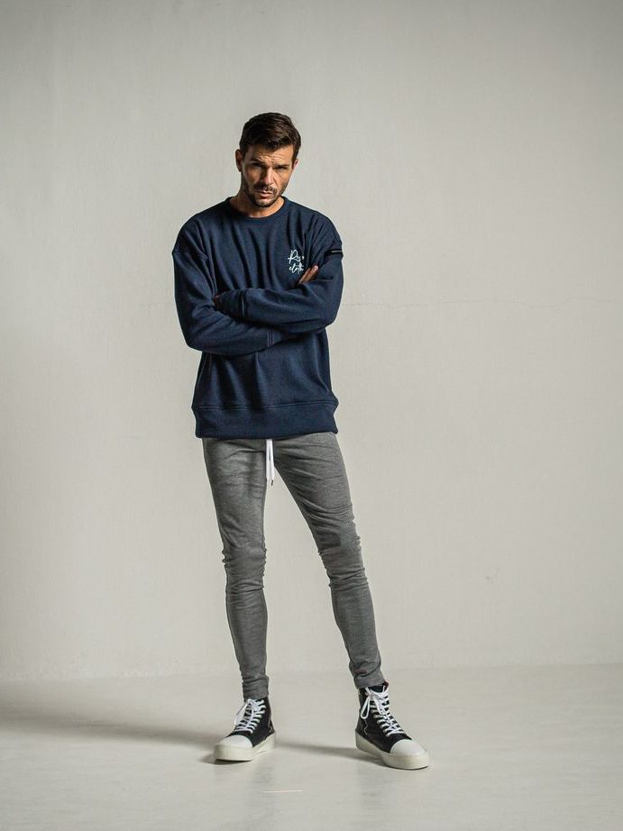 ID velours fleece drop trainer  / ルーズトレーナー / ネイビー裏起毛ルーズ 胸と背中プリント入り