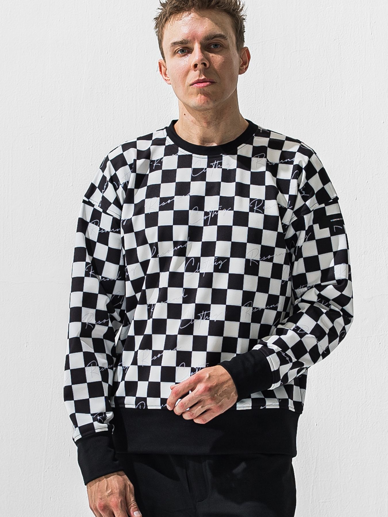 【予約品 9月6日(日) 締切】CHECKER BACK FLEECE TRAINER / 裏起毛 ルーズトレーナー / ホワイト×ブラック