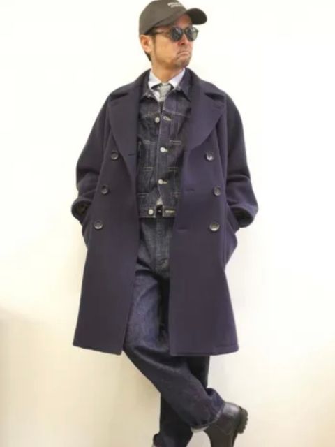 ウールモッサダブルオーバーコート NAVY 裏地ボアファー