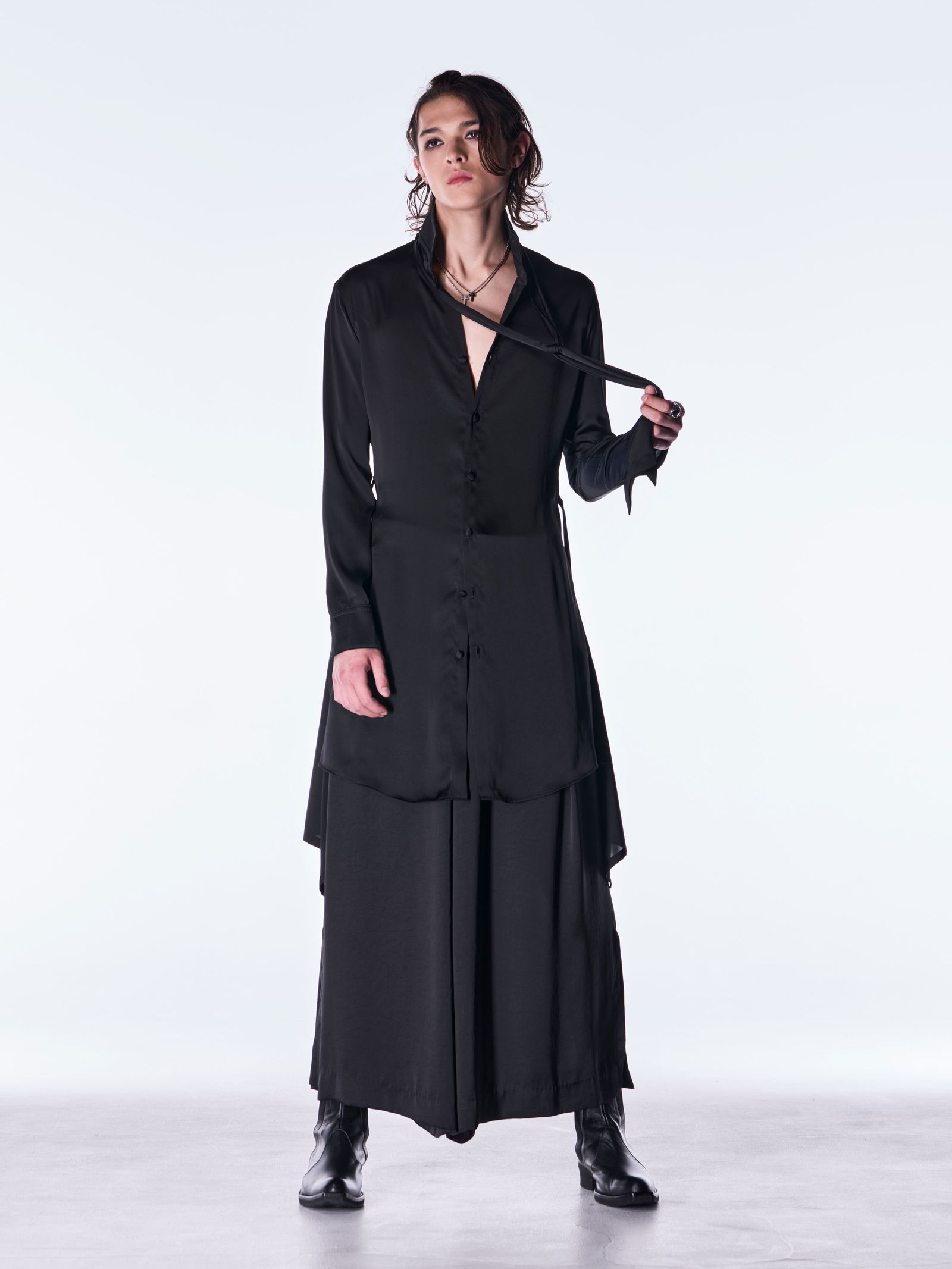 【予約品 6月29日(月) 締切】Vintage Satin Stand Collar Shirt / スタンドカラー シャツ / ブラック