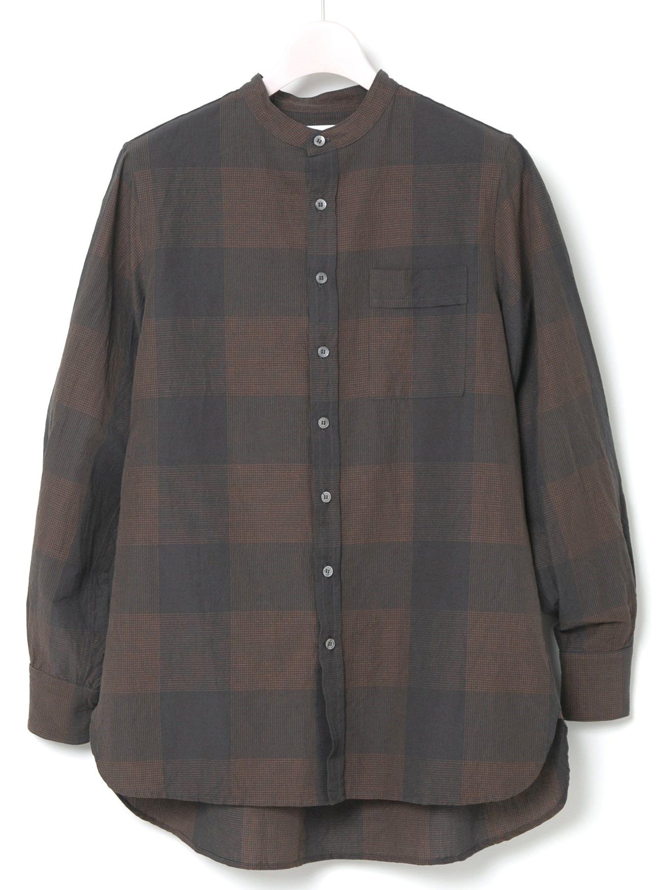 コットンリネンコードチェック LD ウォッシャー L/S バンドカラーシャツ / ブラウンチェック 【∀ ターンエー】