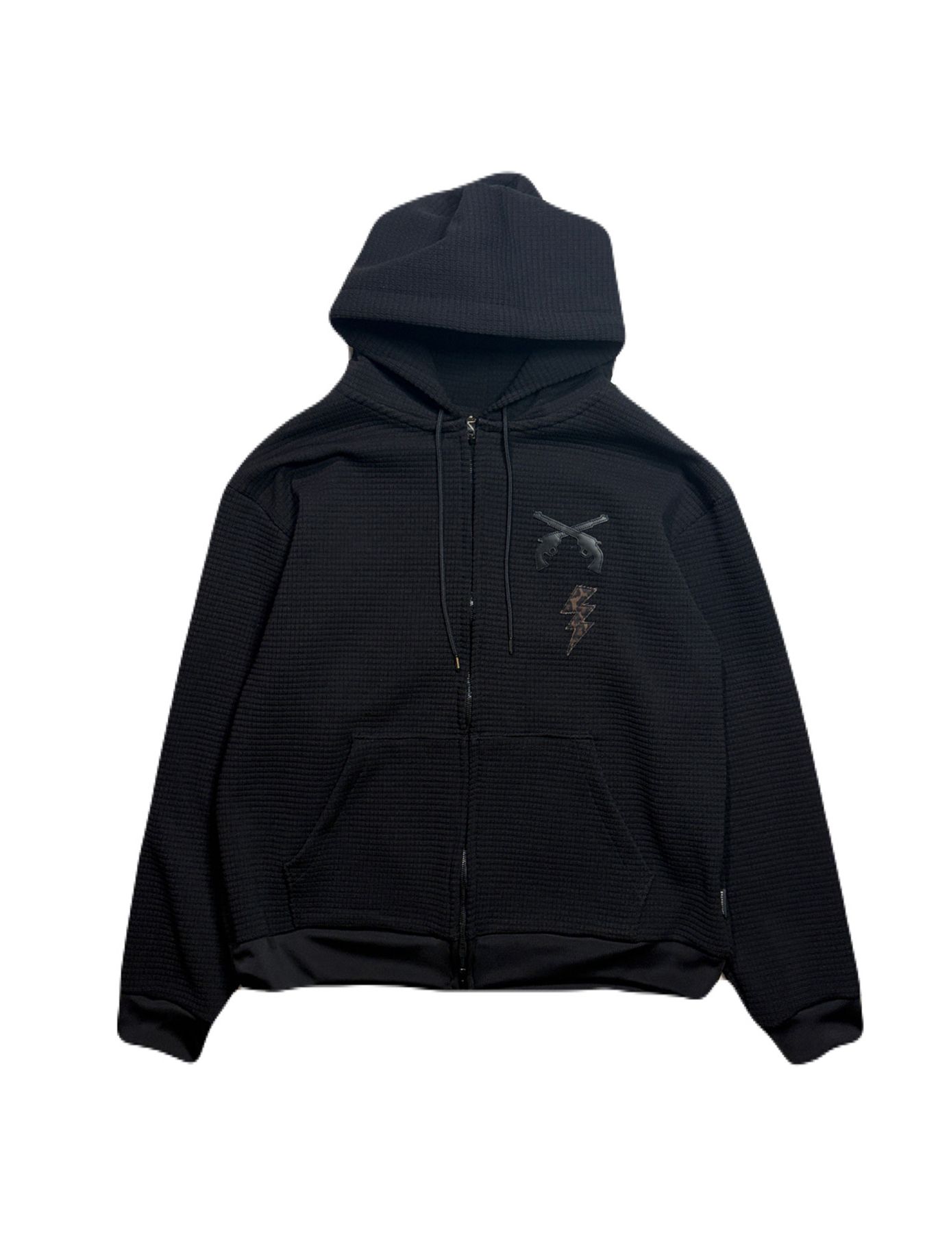 【予約品 3月9日(月) 18:00 締切】PATCH WAFFLE HOODIE / レザーパッチ ビッグワッフル ジップフーディ  / ブラック