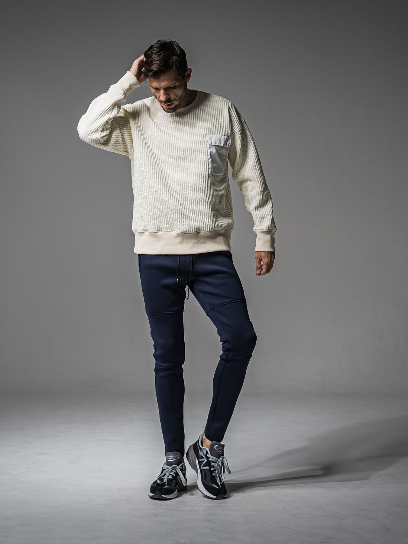 【予約品 】STRIPE QUILTING DROP TRAINER / ストライプキルティング ルーズトレーナー / オフ