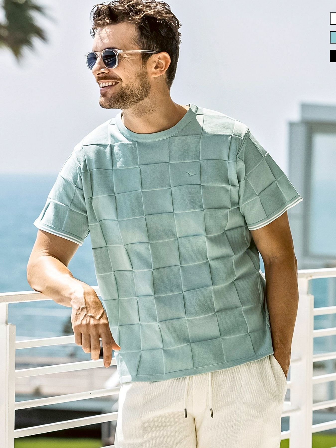 ブロックニット半袖Tシャツ / サックス