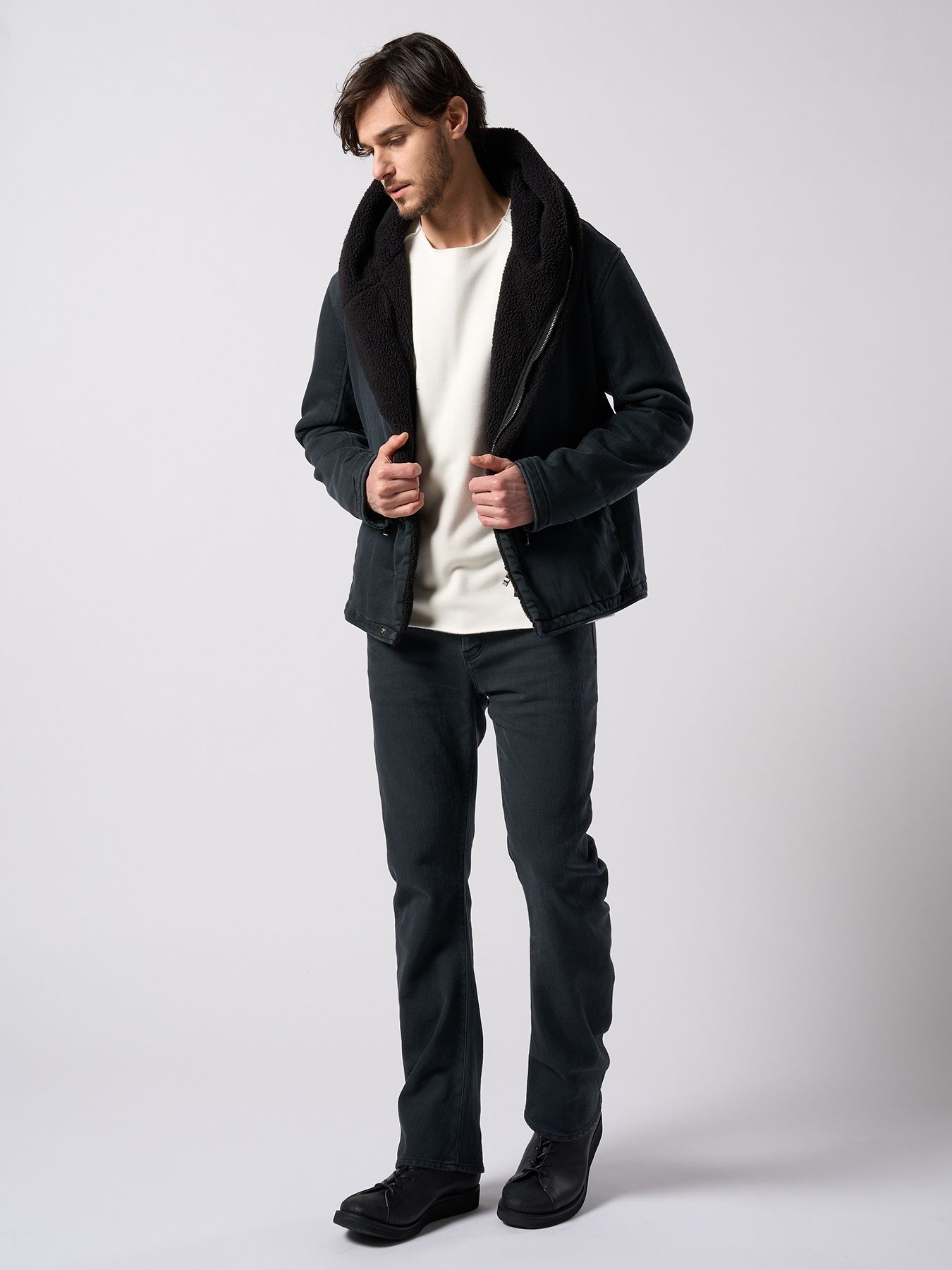 【予約品 4月19日(日) 18時締切】denim jersey 3D banana flare pants / デニムジャージー 3D バナナフレアパンツ / ブラックユーズド