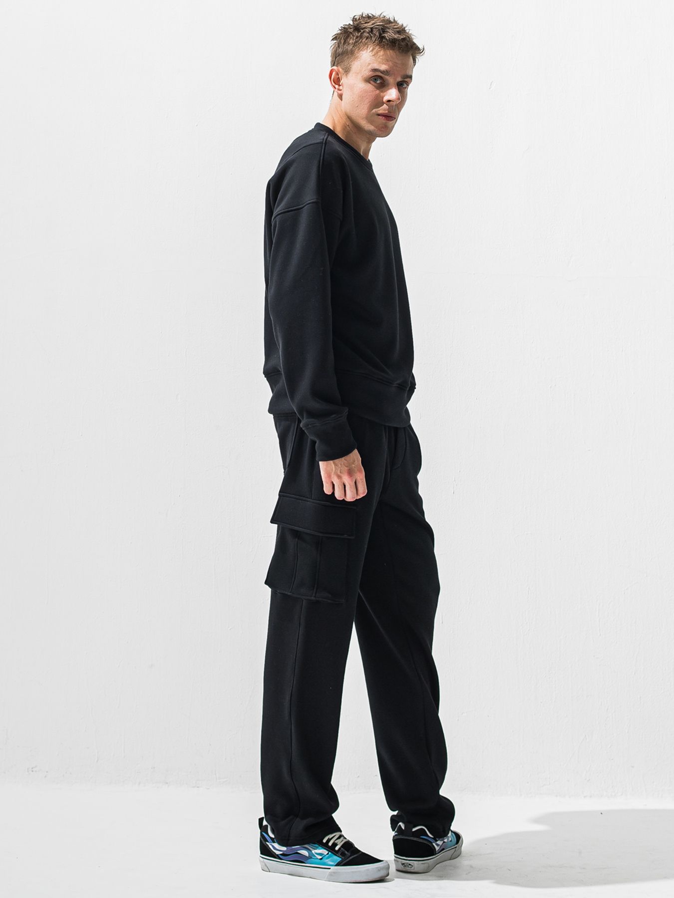【予約品 9月6日(日) 締切】PIN ST RC VELOURS FLEECE DROP TRAINER / ピンストライプロゴ 裏起毛 ルーズトレーナー / ブラック