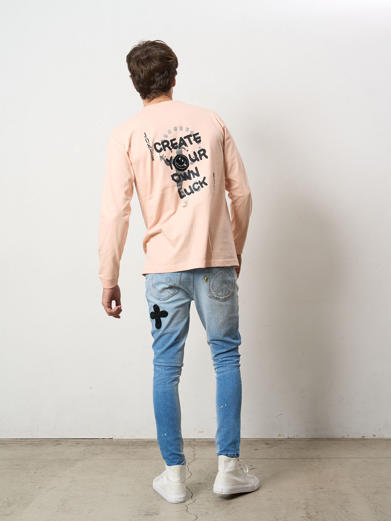 【予約品 5月8日(木) AM10時 締切】 5.6ozコットン天竺 CREATE YOUR OWN LUCK&マルチパッチワーク LS Tシャツ / ペールピンク