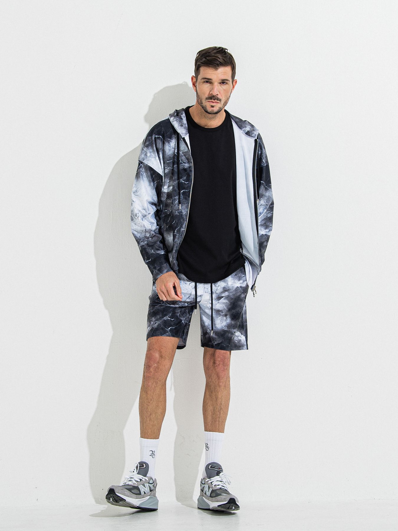 【予約品 】RASH OVER ZIPUP HOODIE / ラッシュガード オーバーサイズジップアップパーカー / マーブルブラック