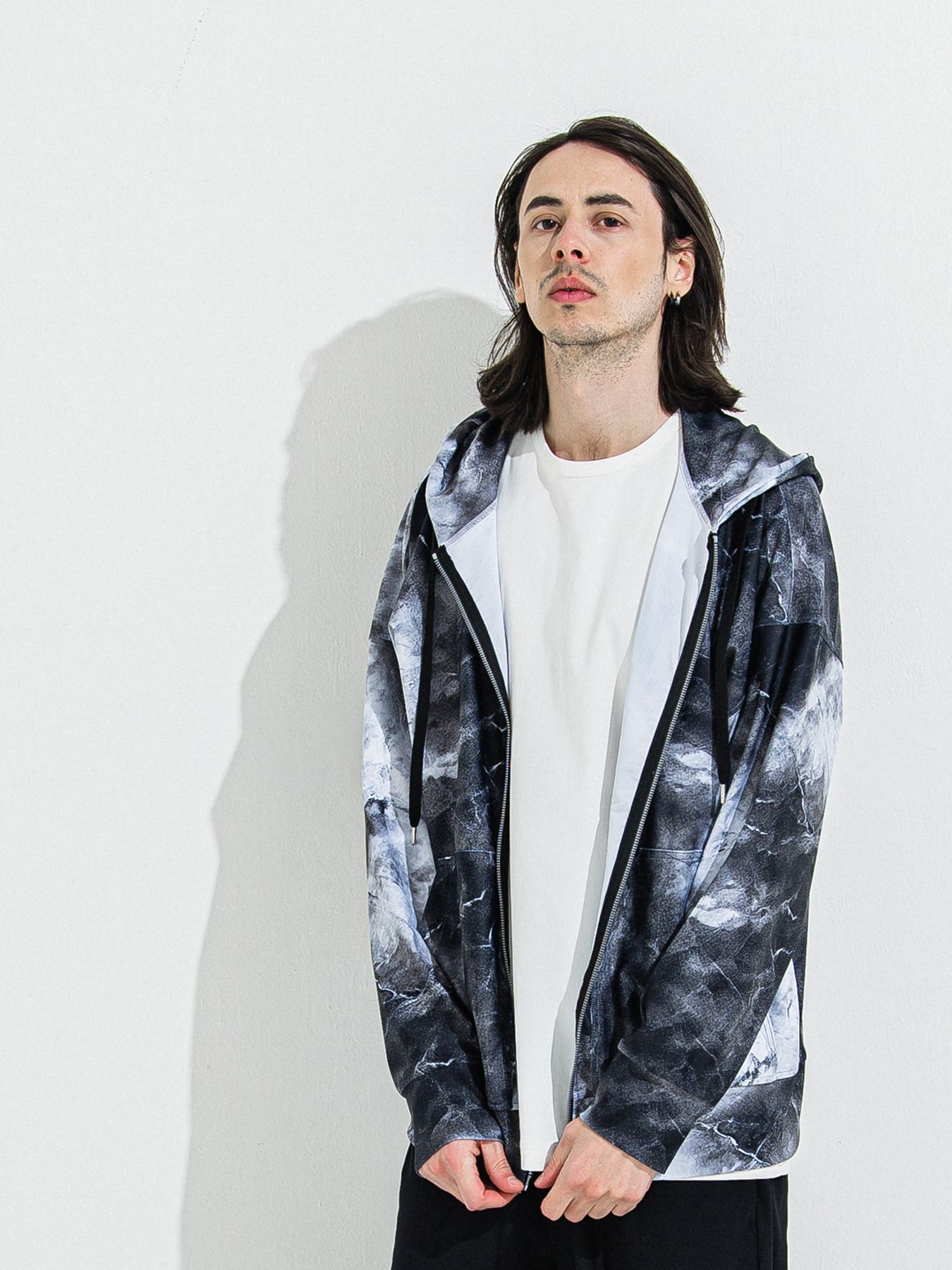 【予約品 】RASH OVER ZIPUP HOODIE / ラッシュガード オーバーサイズジップアップパーカー / マーブルブラック