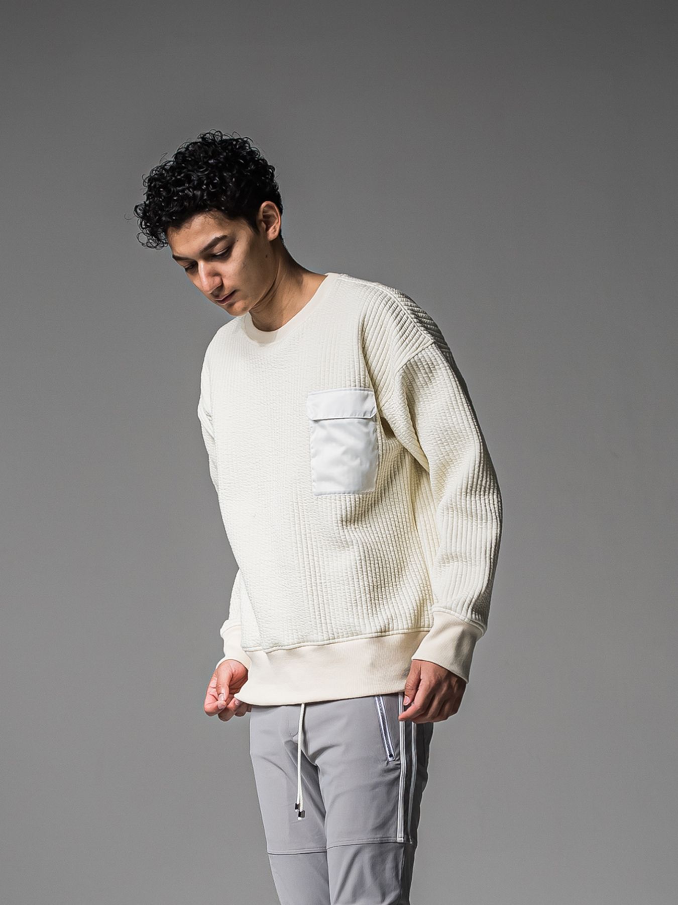 【予約品 】STRIPE QUILTING DROP TRAINER / ストライプキルティング ルーズトレーナー / オフ