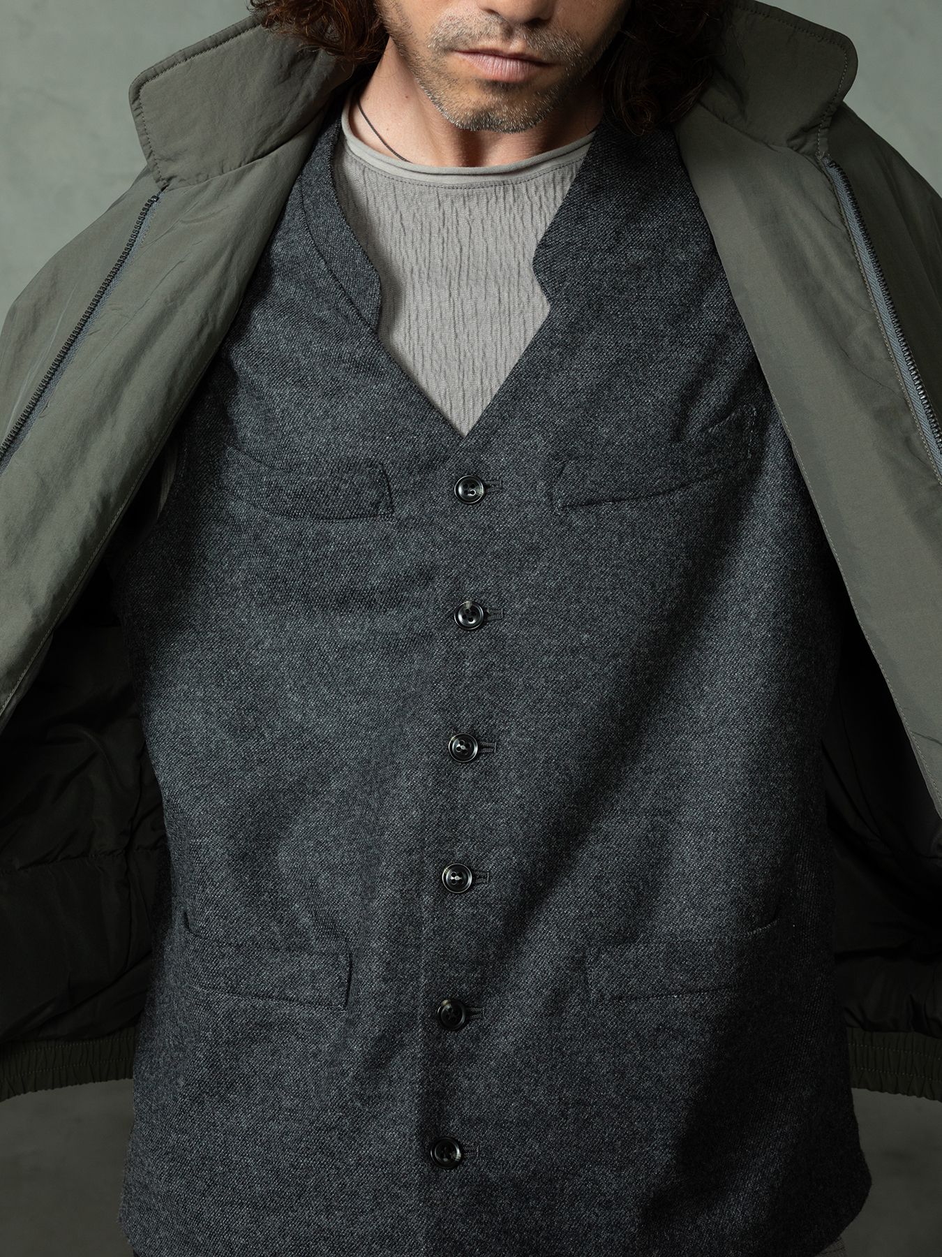【予約品 7月5日(日) 締切】FRENCH GILET / ウールベスト / 杢チャコール