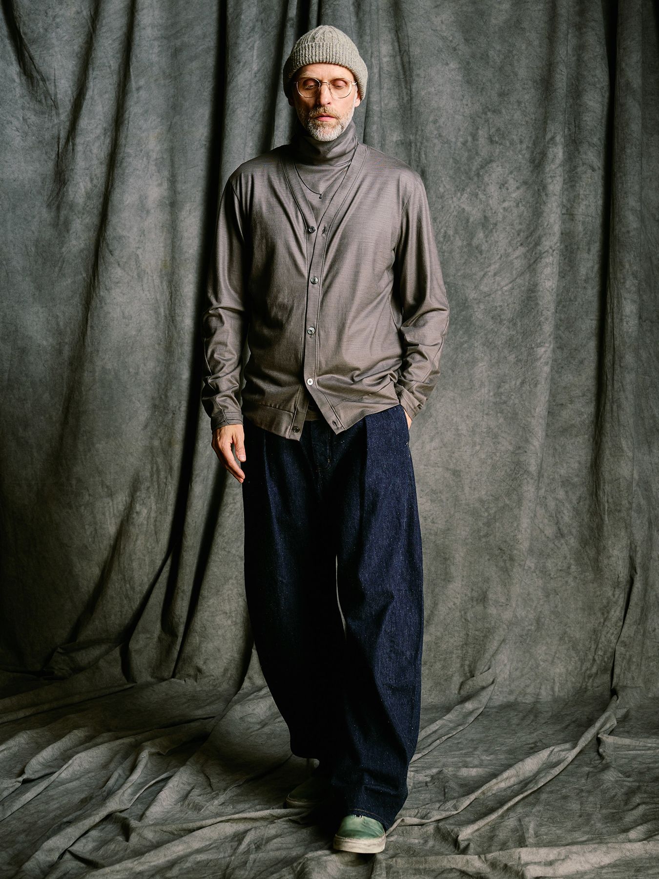 【予約品 4月19日(日) 18時締切】ex.comfy wool middle cardigan / メリノウールジャージー カーディガン / スチールグレー