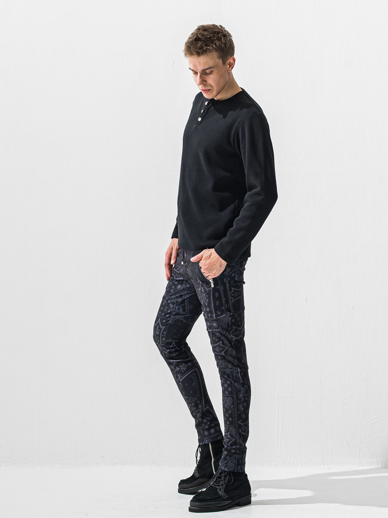 【予約品 9月6日(日) 締切】VELOURS FLEECE THERMAL HENRY / 裏起毛 ハニカムサーマル ヘンリーネック / ブラック