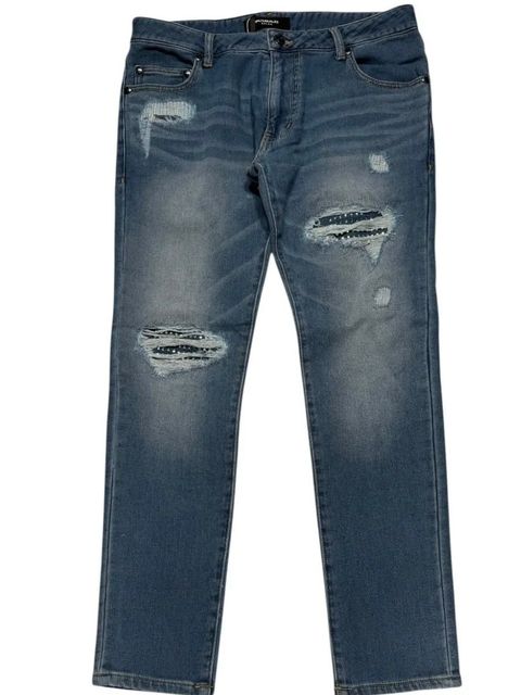 DAMAGED JOG RHINESTONE 5-POCKET PANTS (INDIGO / インディゴ【1PIU1UGUALE3 RELAX 】