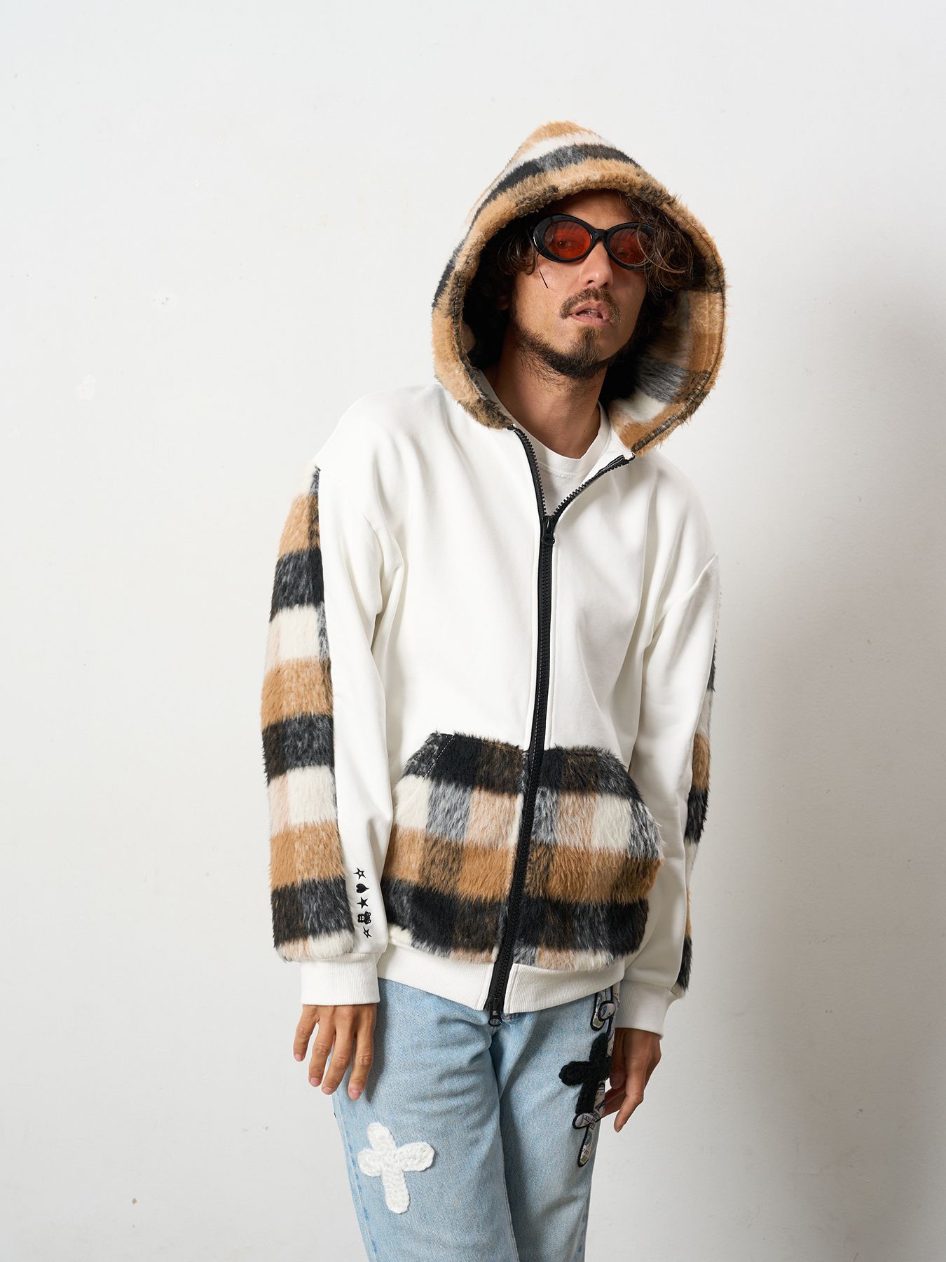 【予約品 5月8日(木) AM10時 締切】 ヘビーウエイト裏毛パイル-シャギーチェックサガラパッチワーク ビックジップワイドパーカー / ホワイト