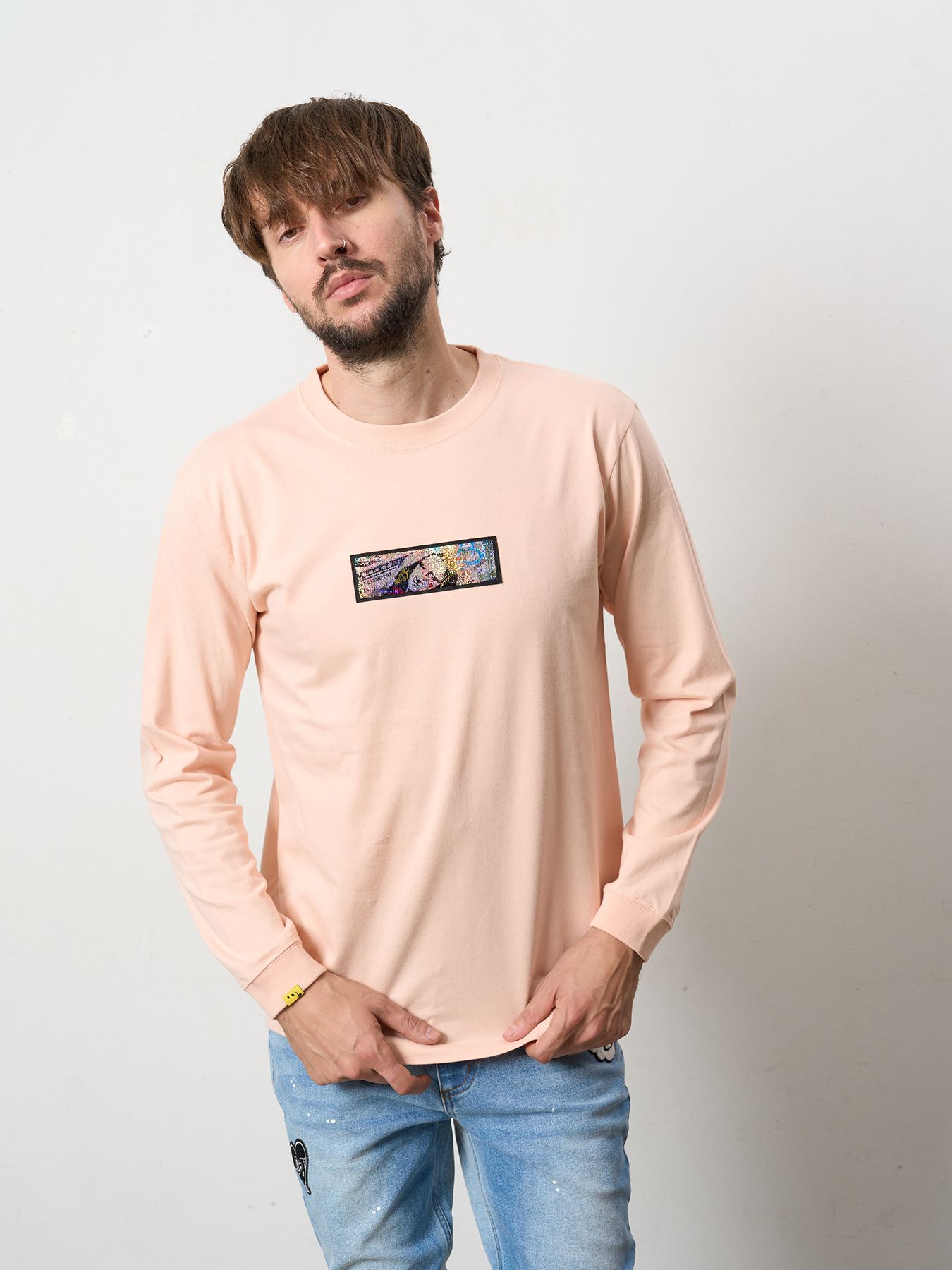 5.6ozコットン天竺 YOU GOT THIS シークインLS Tシャツ / ペールピンク